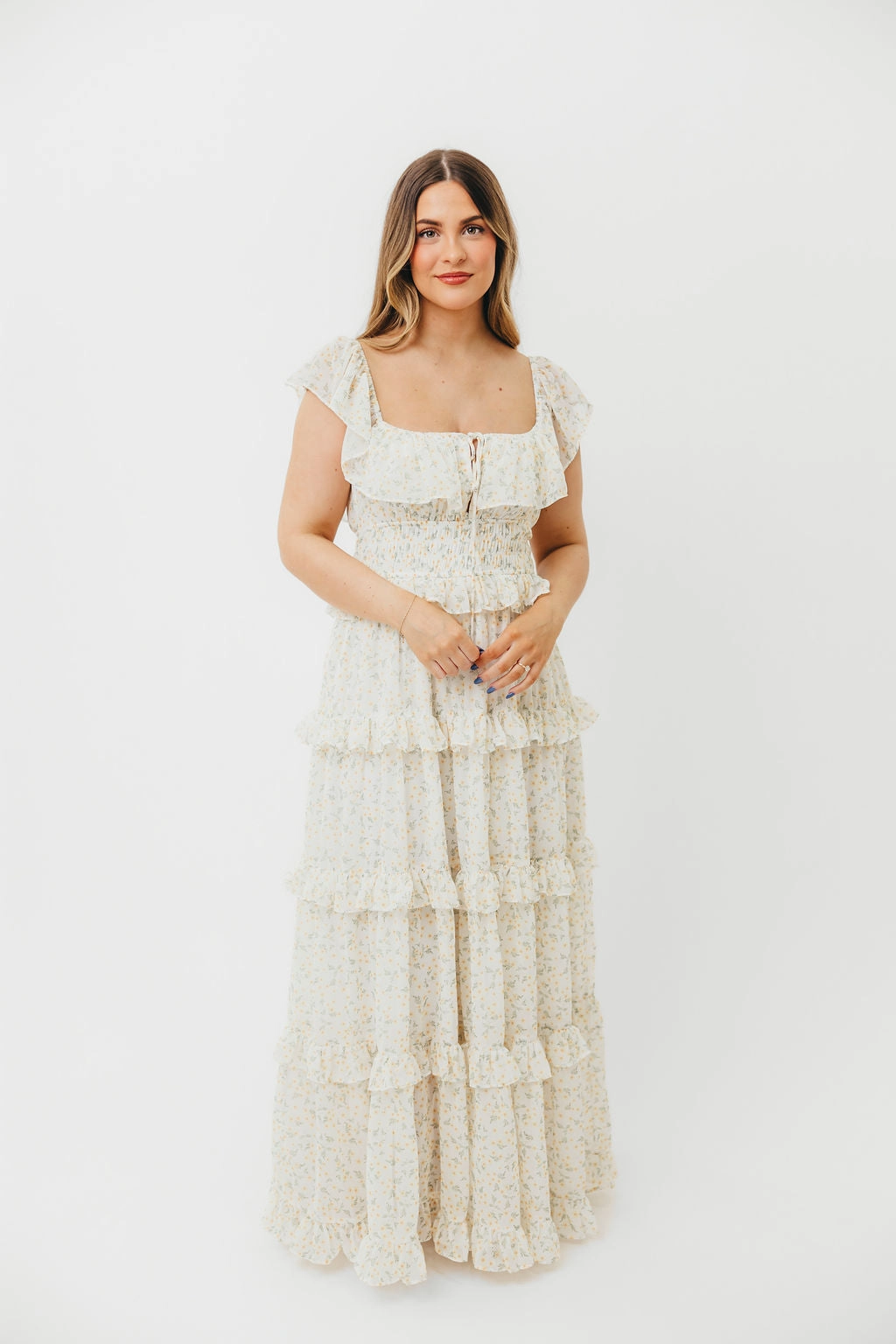 Festive Wear Subtle design Astrid Ruffle Detail Maxi Dress in Yellow Floral  - Bump Friendly