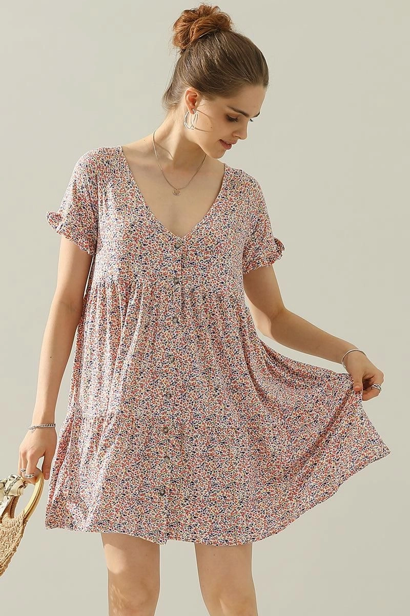 Photo Glow Vibrant Light V NECK BUTTON DOWN WITH RUFFLE SLEEVE DRESS