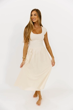 Larissa Cap Sleeve Midi Dress in Ecru Clean Structure