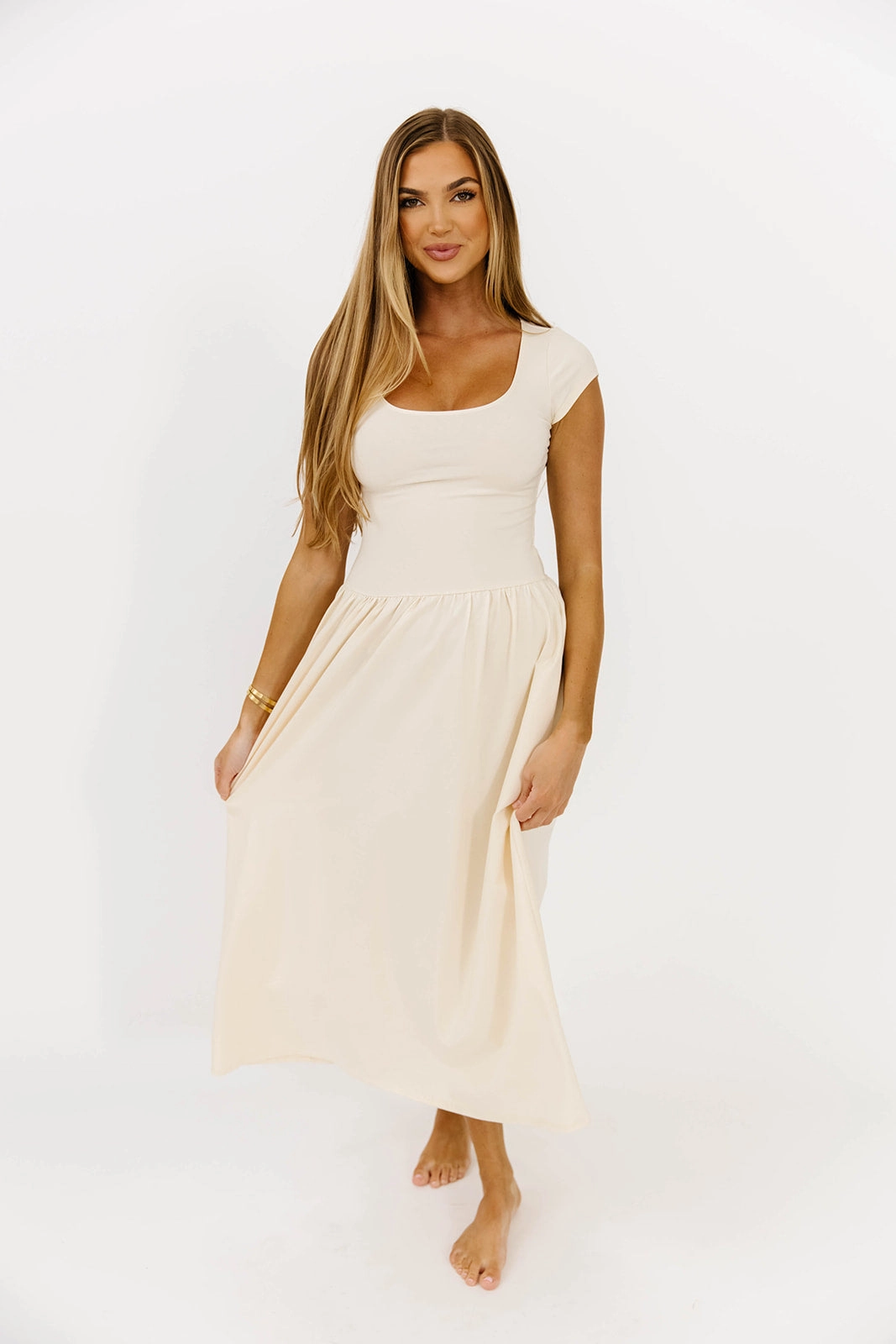 Larissa Cap Sleeve Midi Dress in Ecru Cold-Shoulder flattering appearance