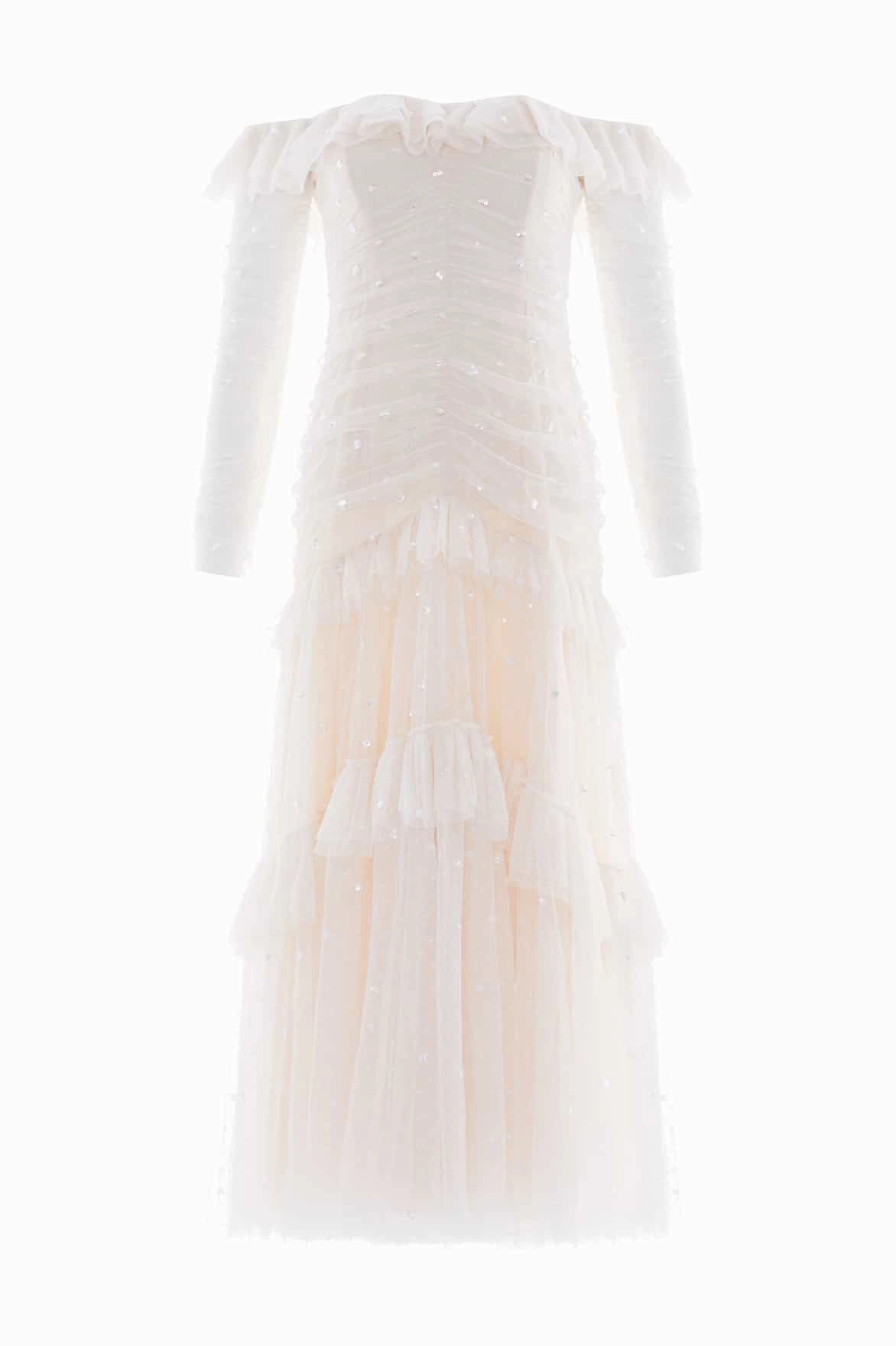 Comfortable Touch Sequin Glimmer Rouched Off-Shoulder Gown