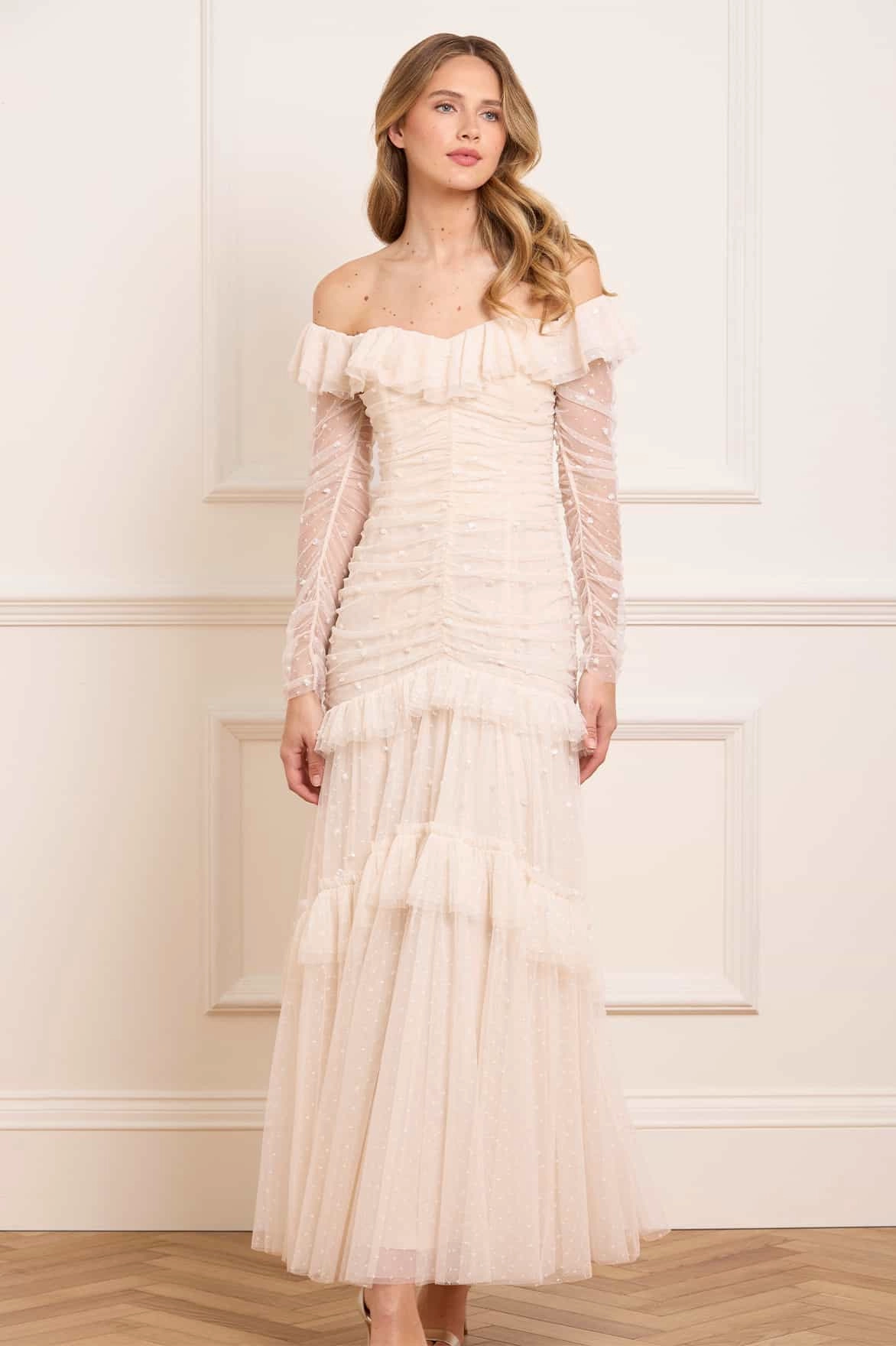 Comfy Fit Wear Airy Weave Sequin Glimmer Rouched Off-Shoulder Gown