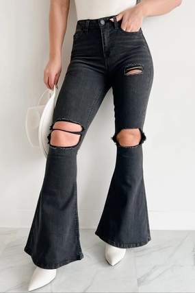 Finnick High Rise Distressed Indigo Reign Flare Jeans (Black) Home Comfort Bold Look Sunny Vibes