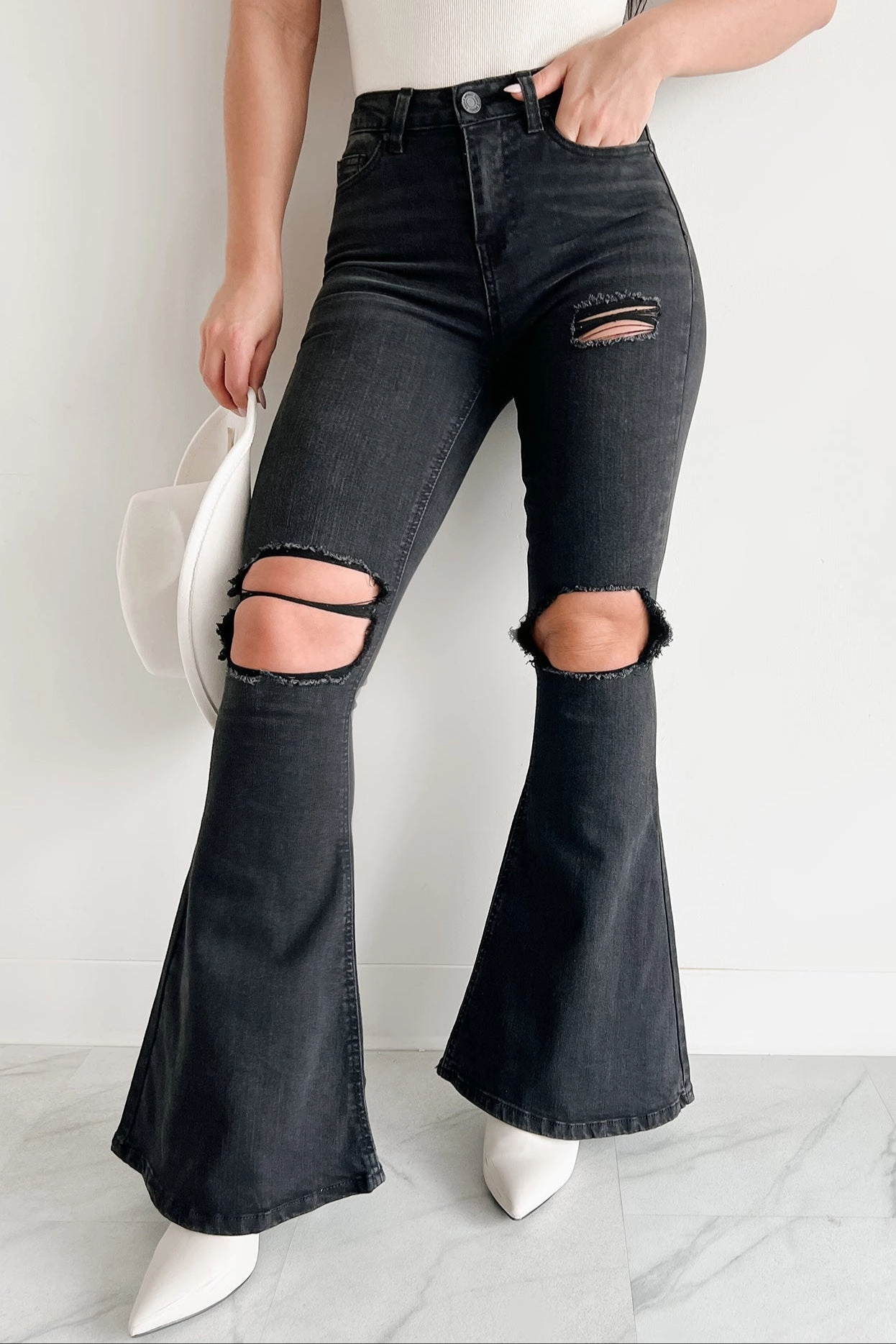 All Fit Use Finnick High Rise Distressed Indigo Reign Flare Jeans (Black)