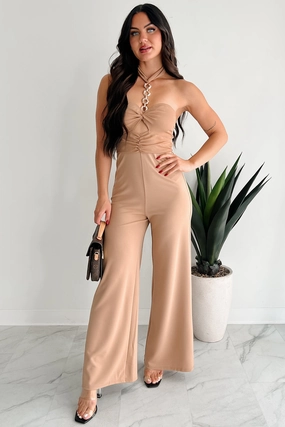 Sheer Ferocity Chain Strap Cutout Jumpsuit (Taupe) Minimal Loose