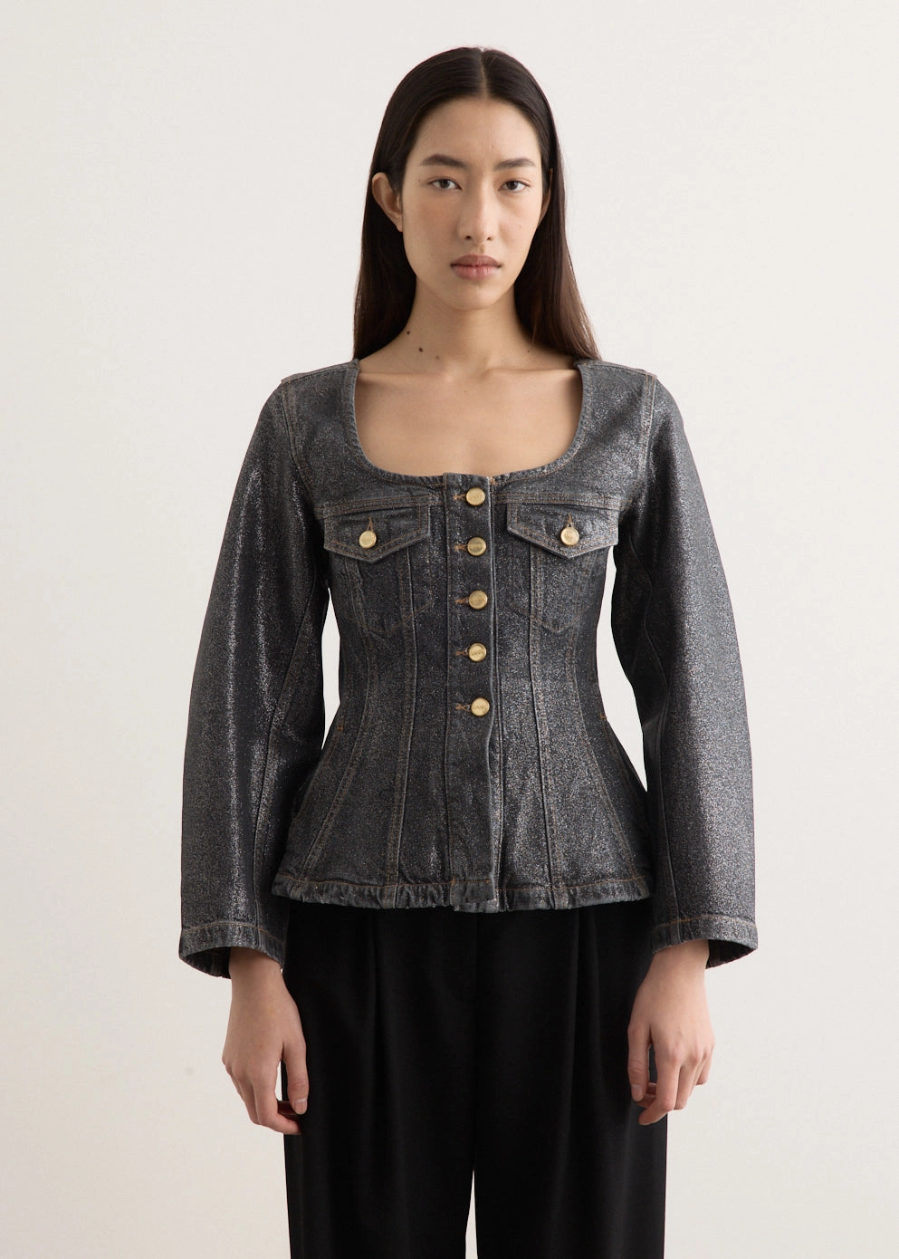 Shimmery Foil Denim Fitted Blazer Loose High Quality Morning Stroll