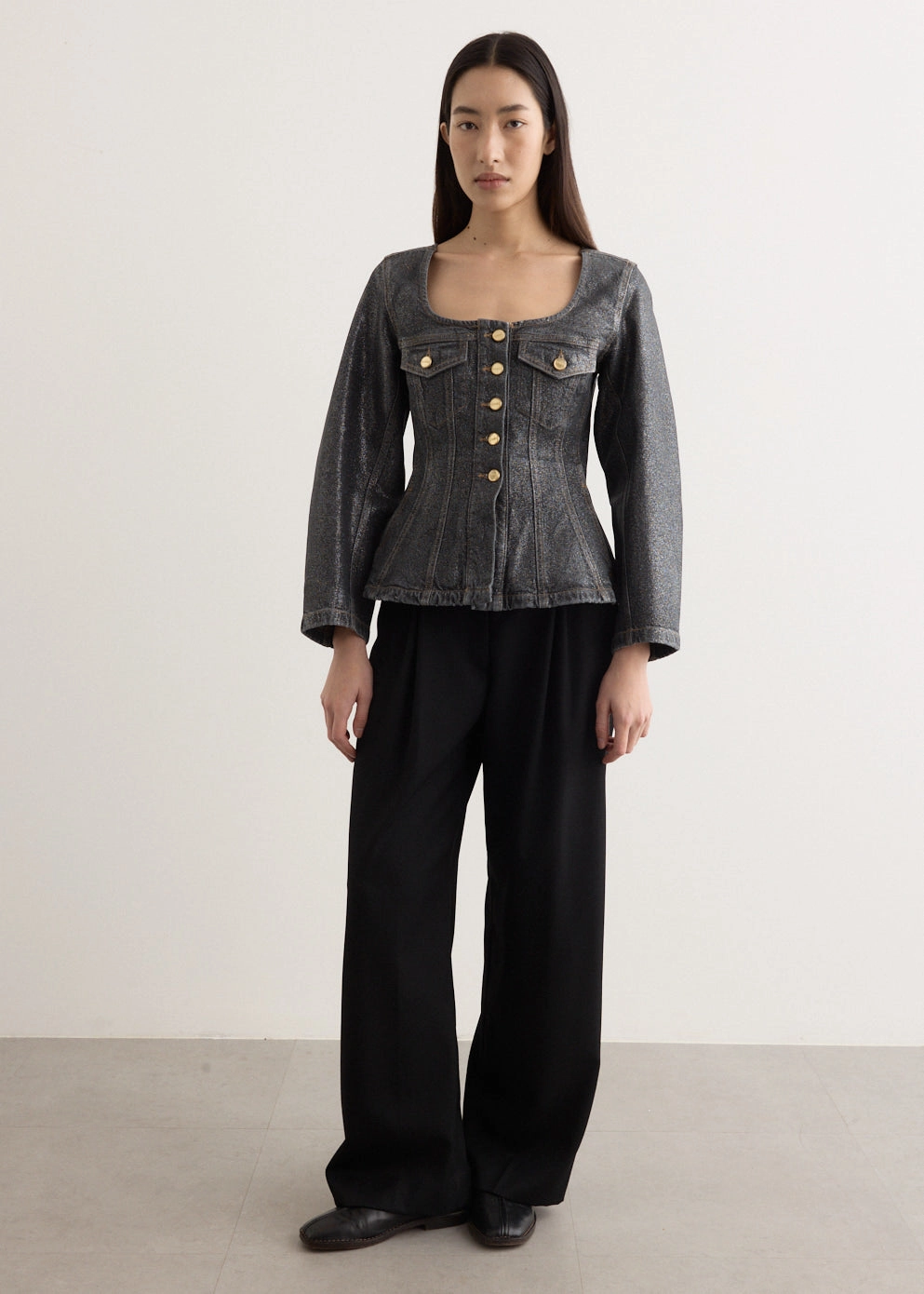 Anti Fade Technology Shimmery Foil Denim Fitted Blazer