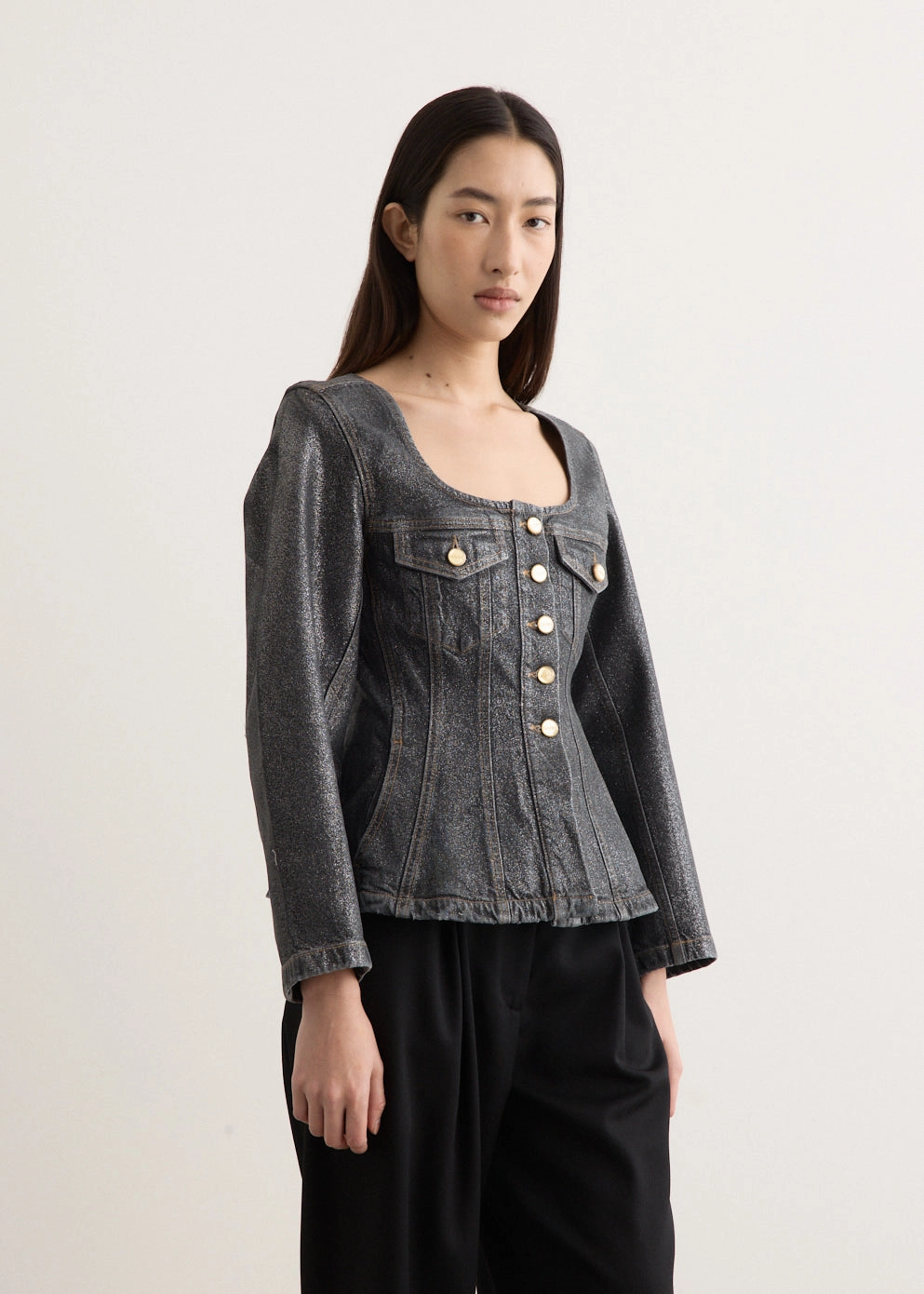 Perfect Match Shimmery Foil Denim Fitted Blazer