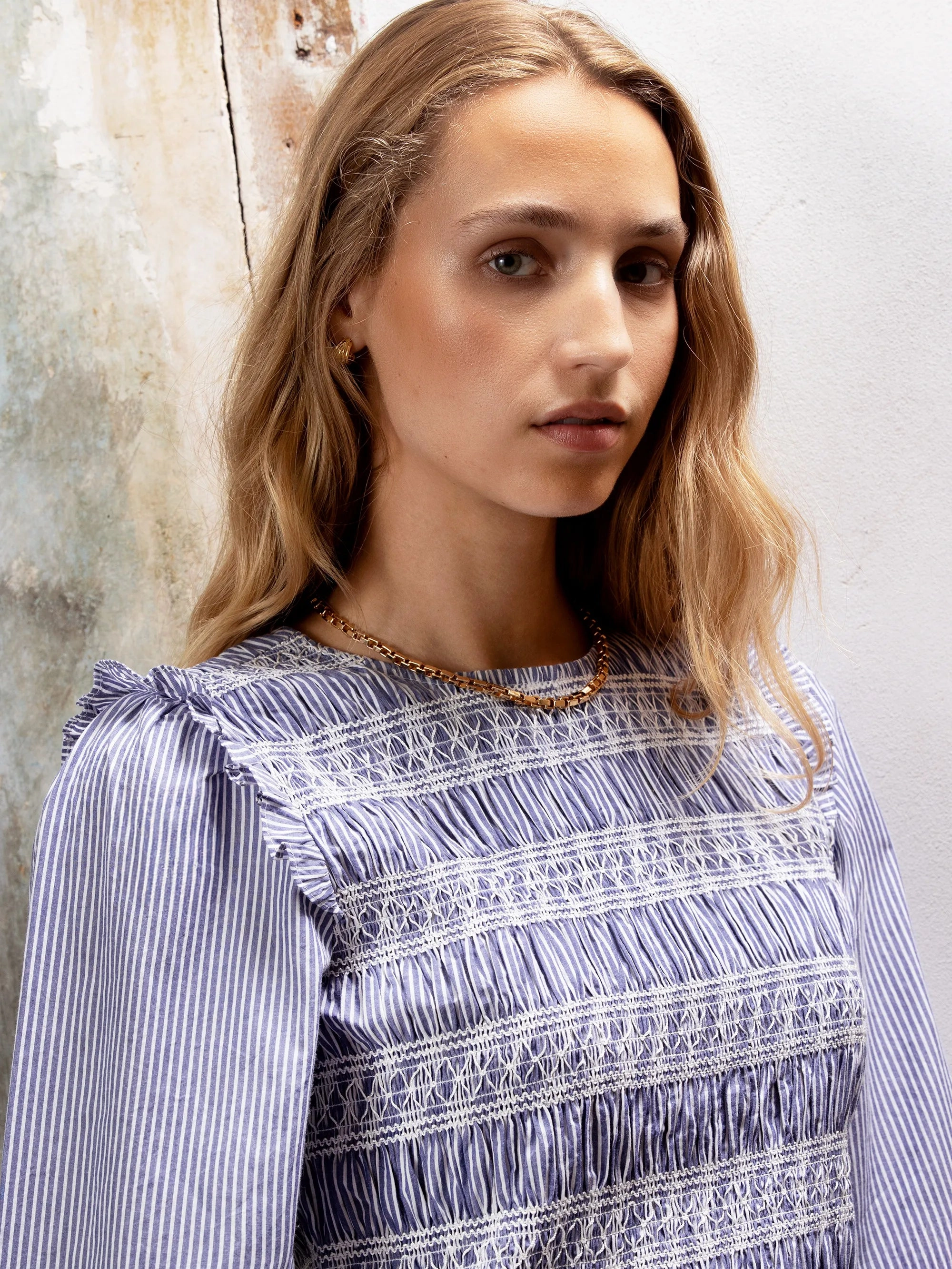 Shirred Embroidered Striped Cotton Blouse Hybrid Fabric Blend