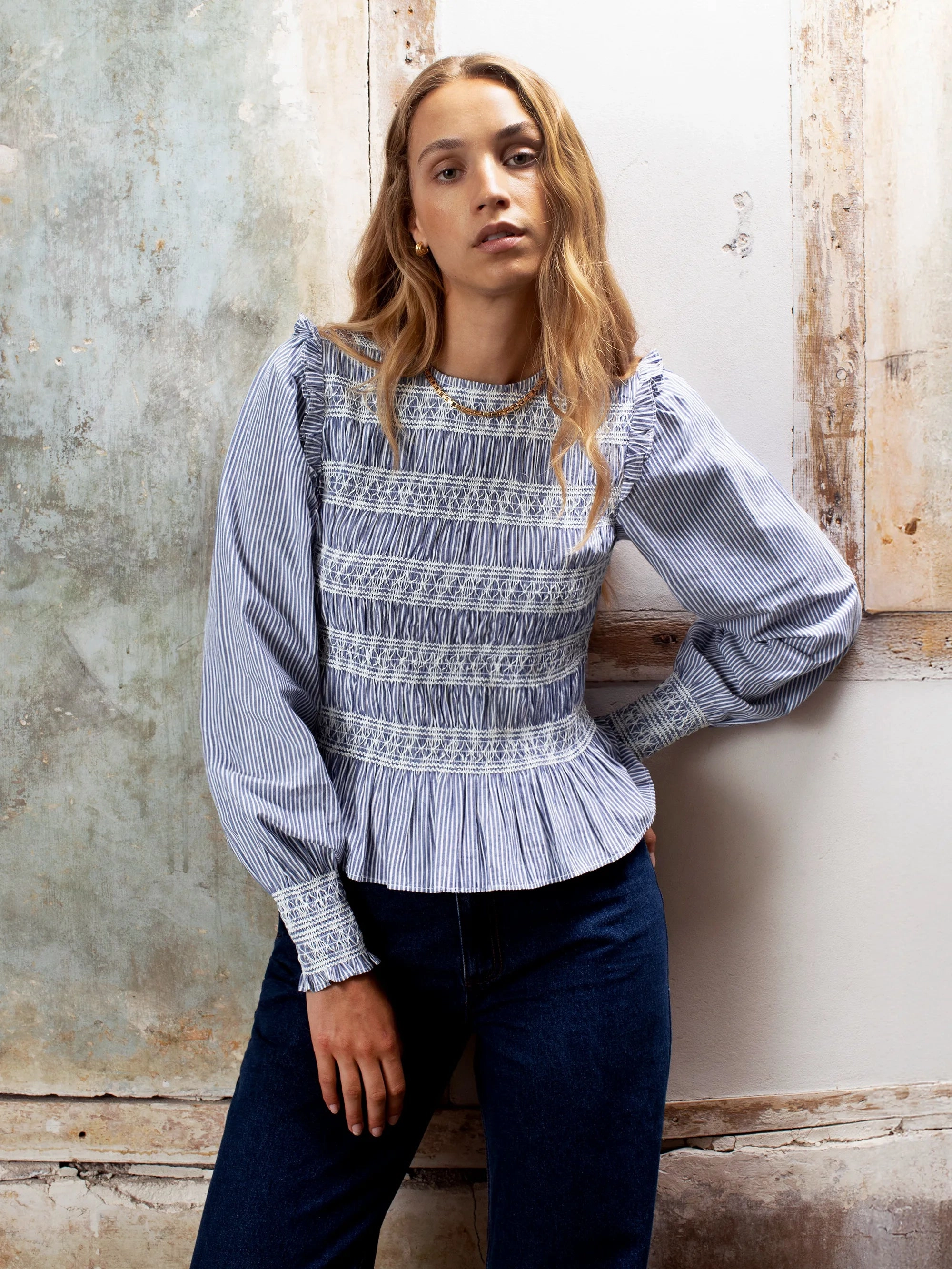 Formal top Shirred Embroidered Striped Cotton Blouse