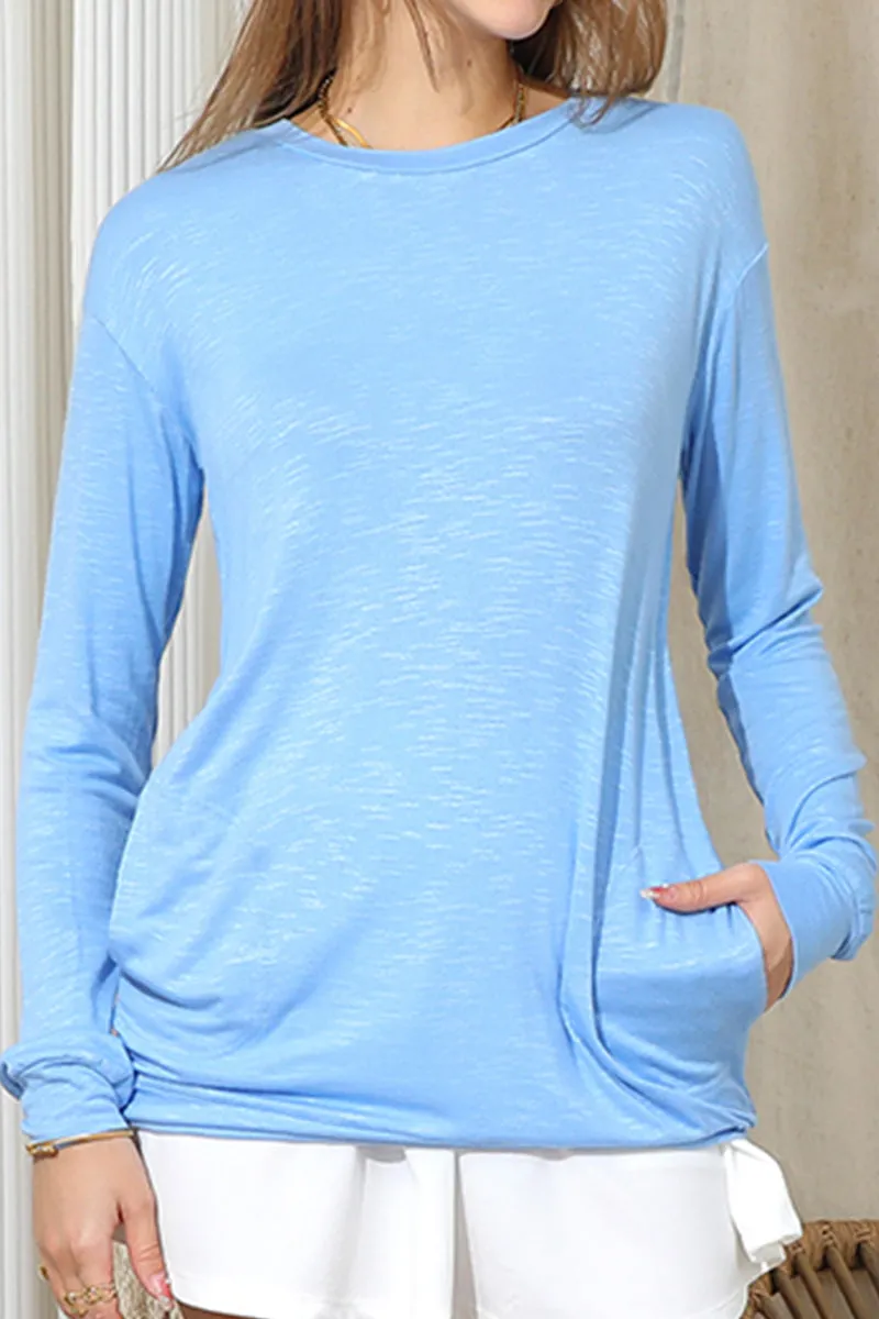 Sporty Look Workout-ready LONG SLEEVE ROUND NECK BASIC TUNIC TOP WITH POCKET