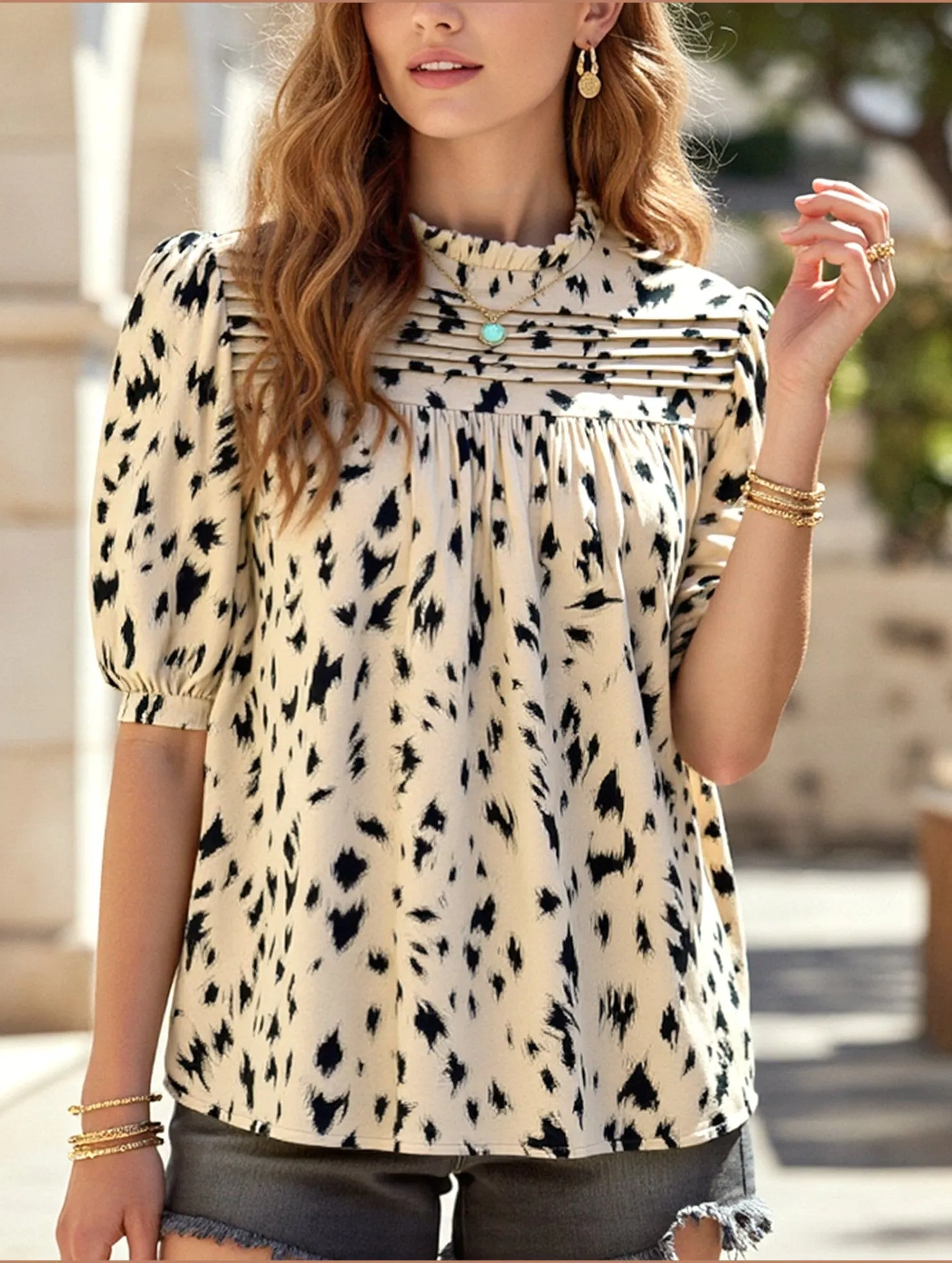 Moisture Management Fabric Sporty Fashion Temperament Casual Printed Short Sleeve Top ??Lightweight Vivid Blouse for Women