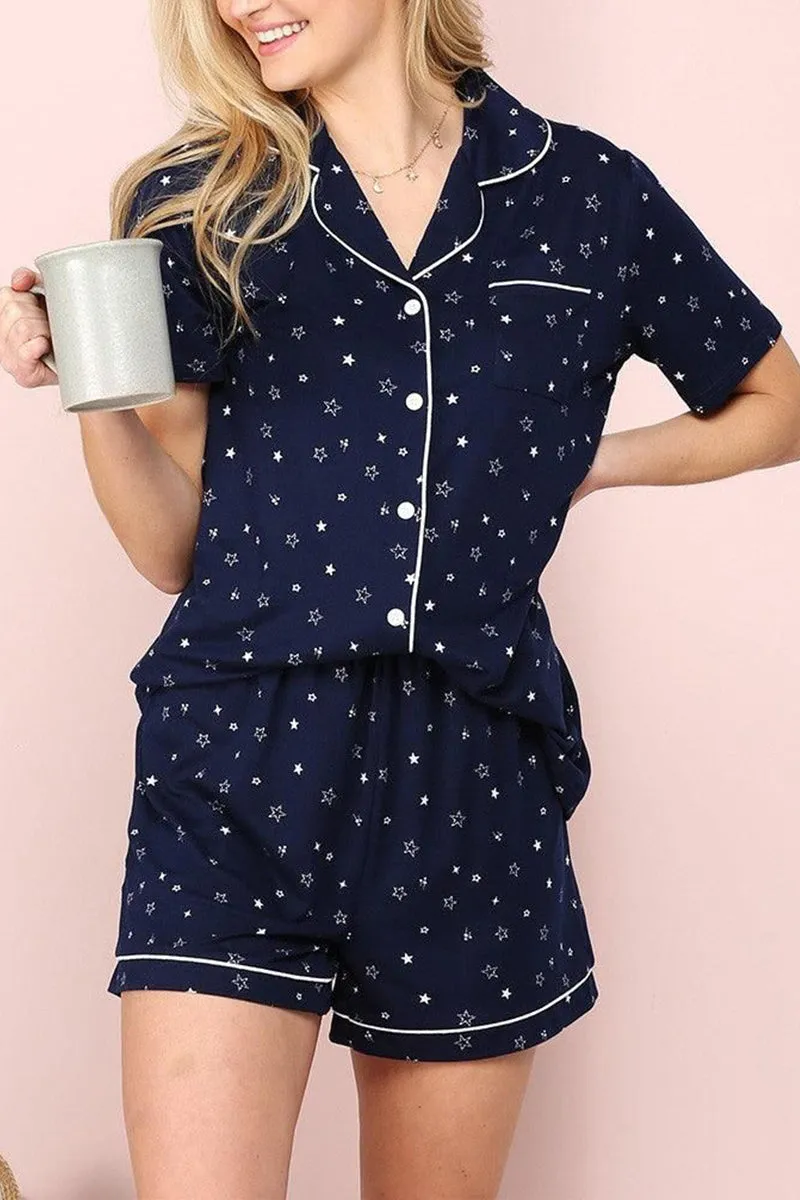 SHORT SLEEVE NOTCH COLLAR PAJAMA SET Breathable Style