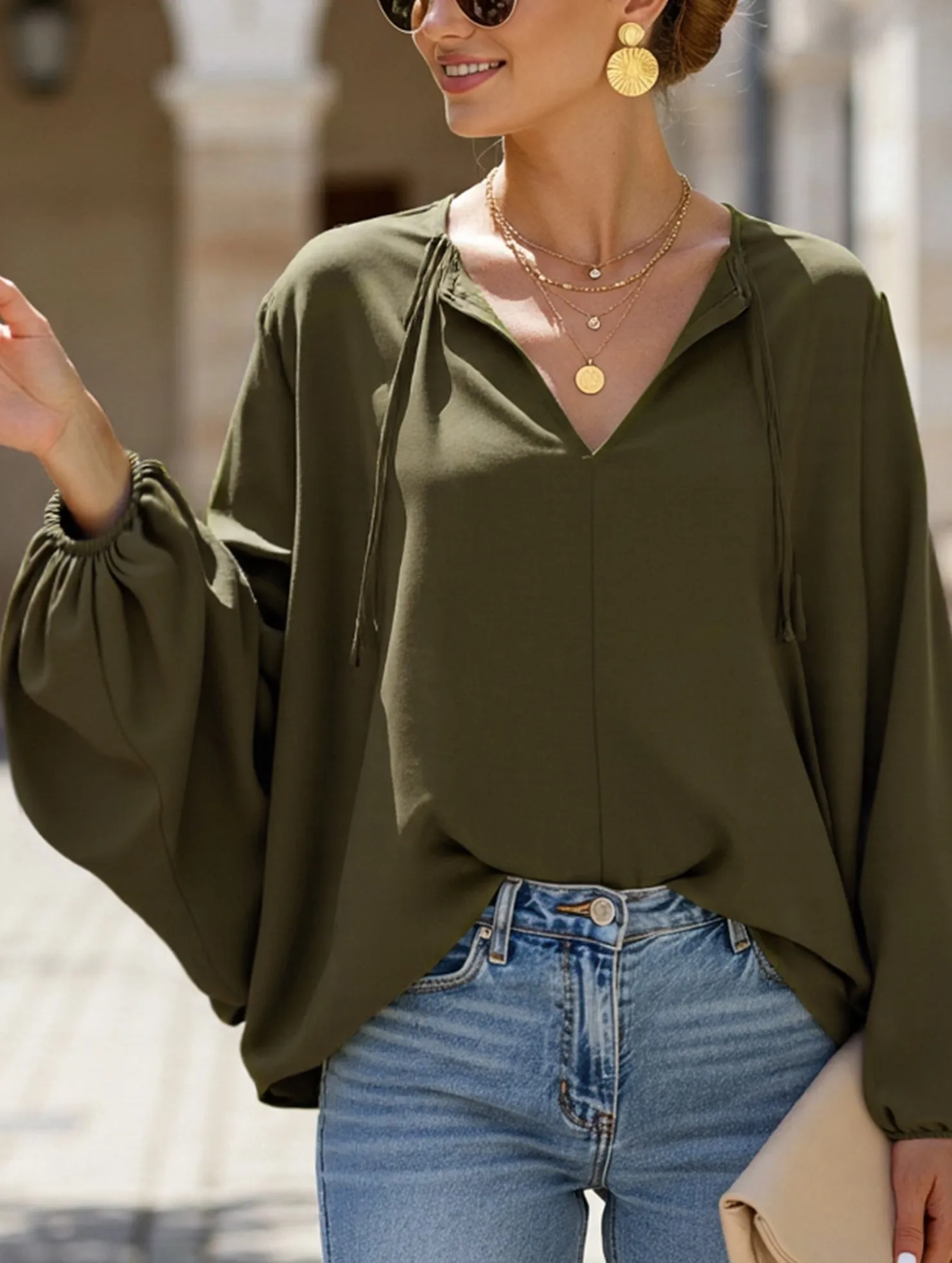 Sporty Design Short V-Neck Lace-Up Casual Top for Women