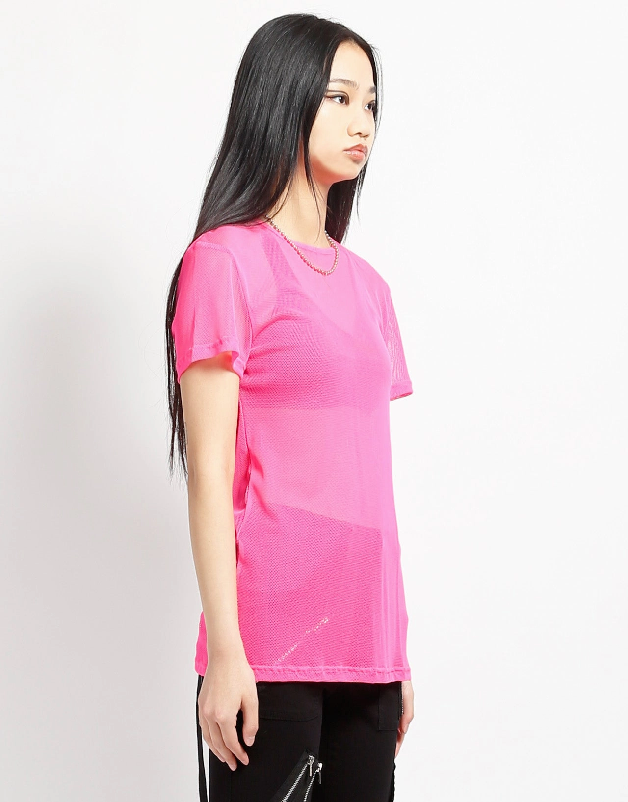 Compact Weave Fabric Weighted Hem SHORT SLEEVE FISHNET PINK