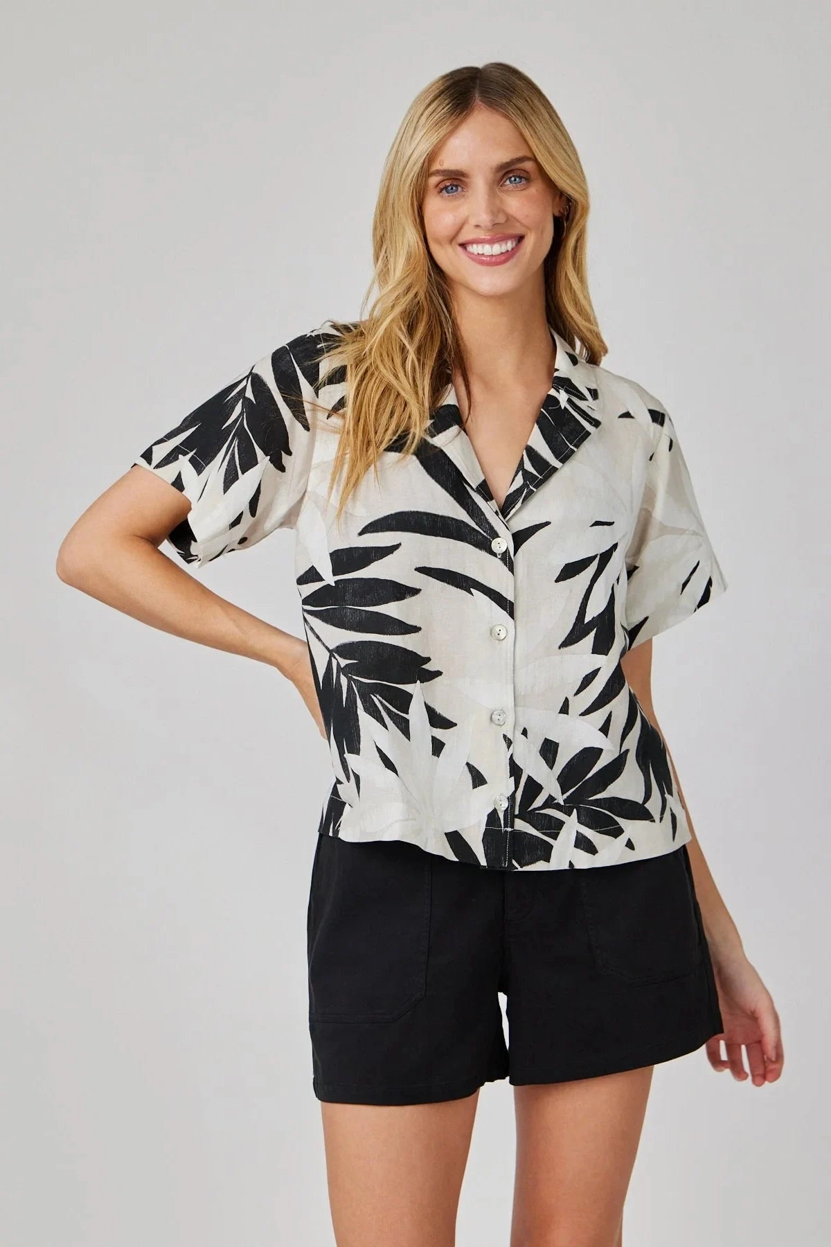 Short Sleeve Flowy Button Down Soft Touch Blend Temperature Control Technology