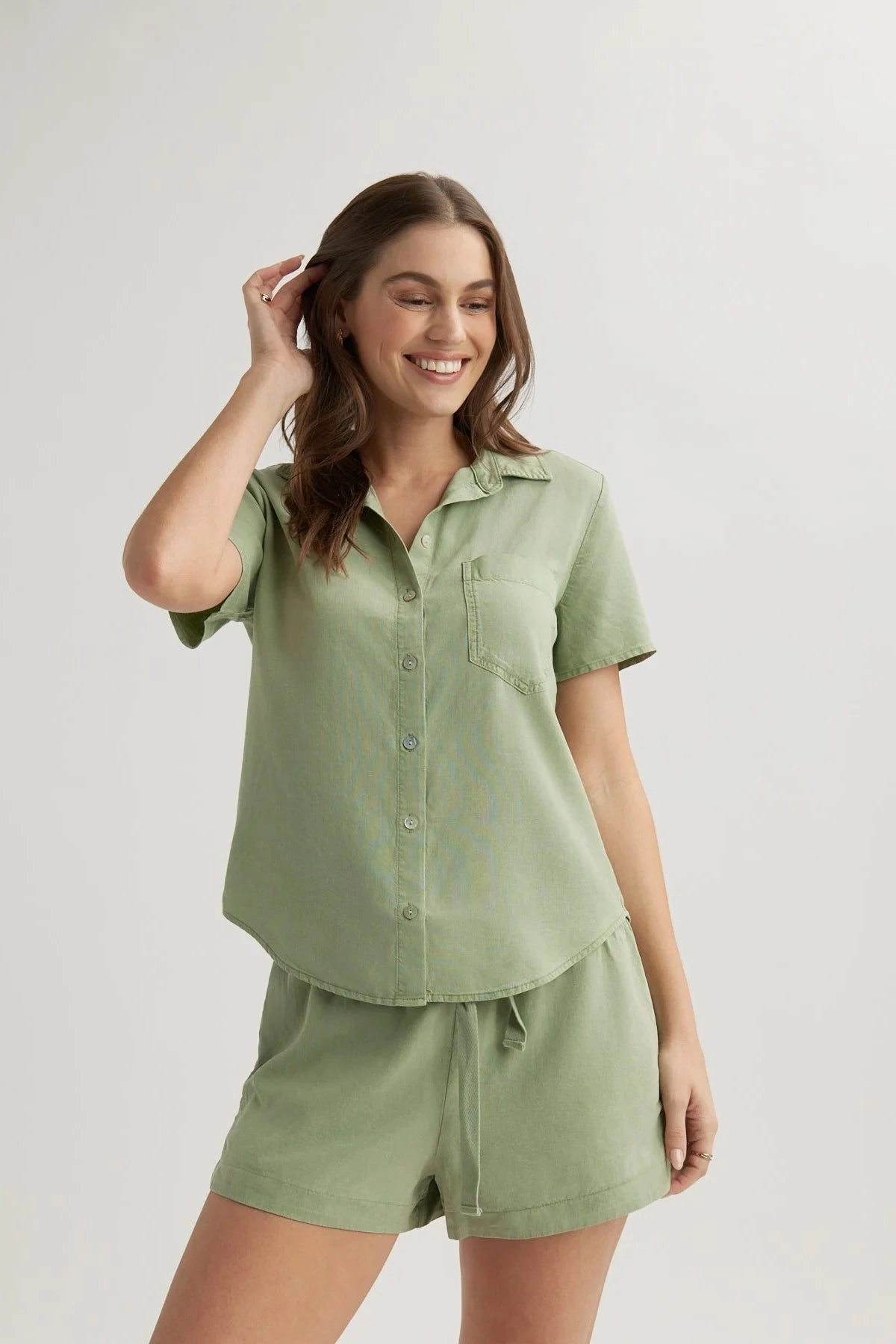 Short Sleeve Pocket Button Down LayeredNeckline