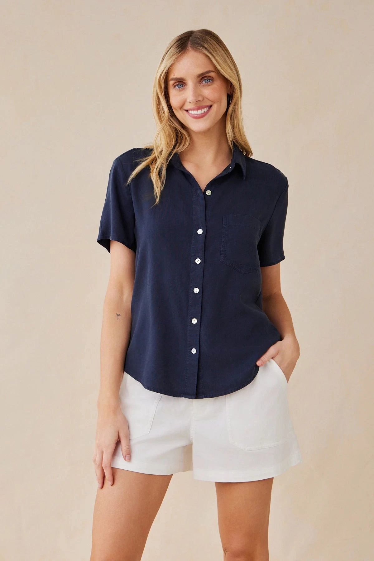 Unstructured Silhouette Short Sleeve Pocket Button Down