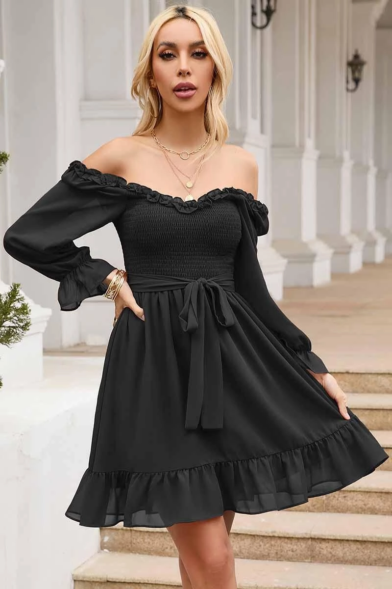 SHORT SQUARE NECK FRILL FLARE DRESS Light Motion Polished Form