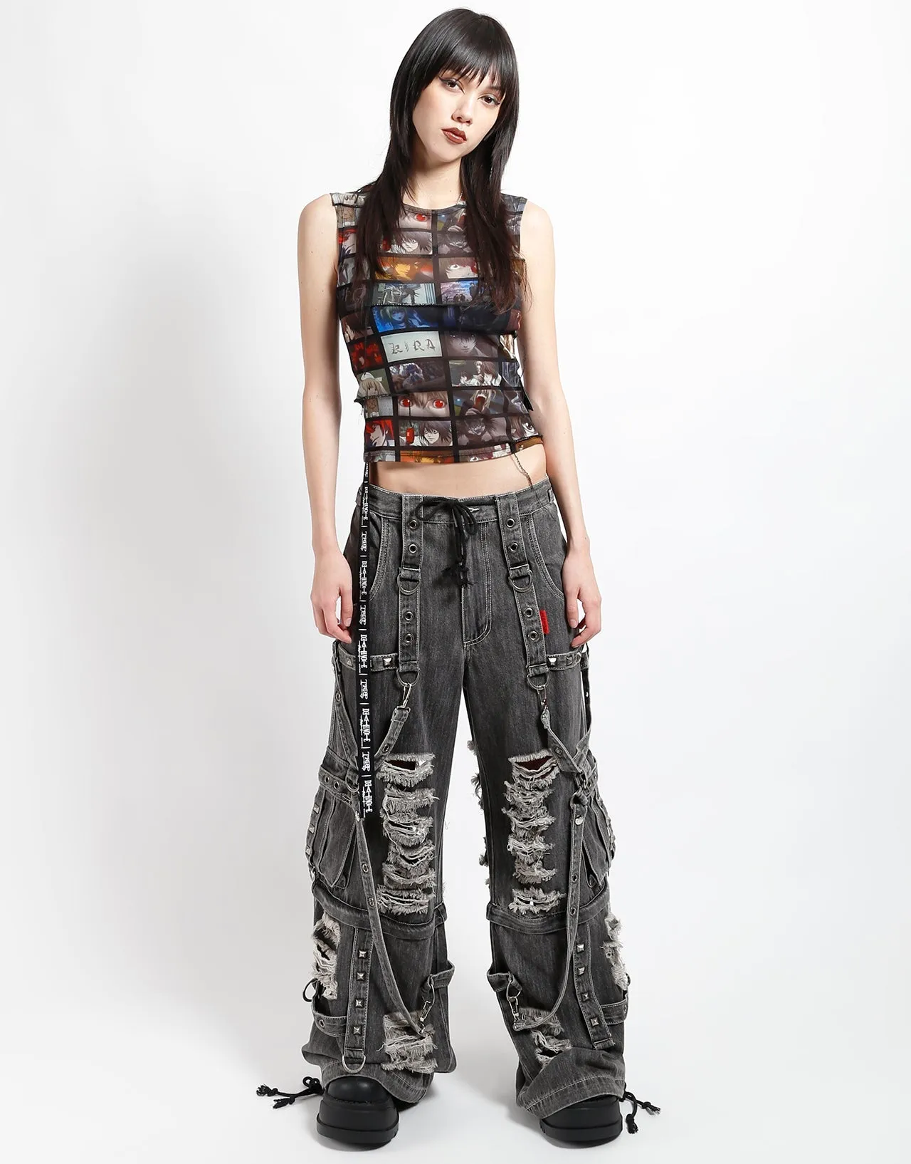 SHREDDER DENIM STRAP PANT BLACK Cozy Lining