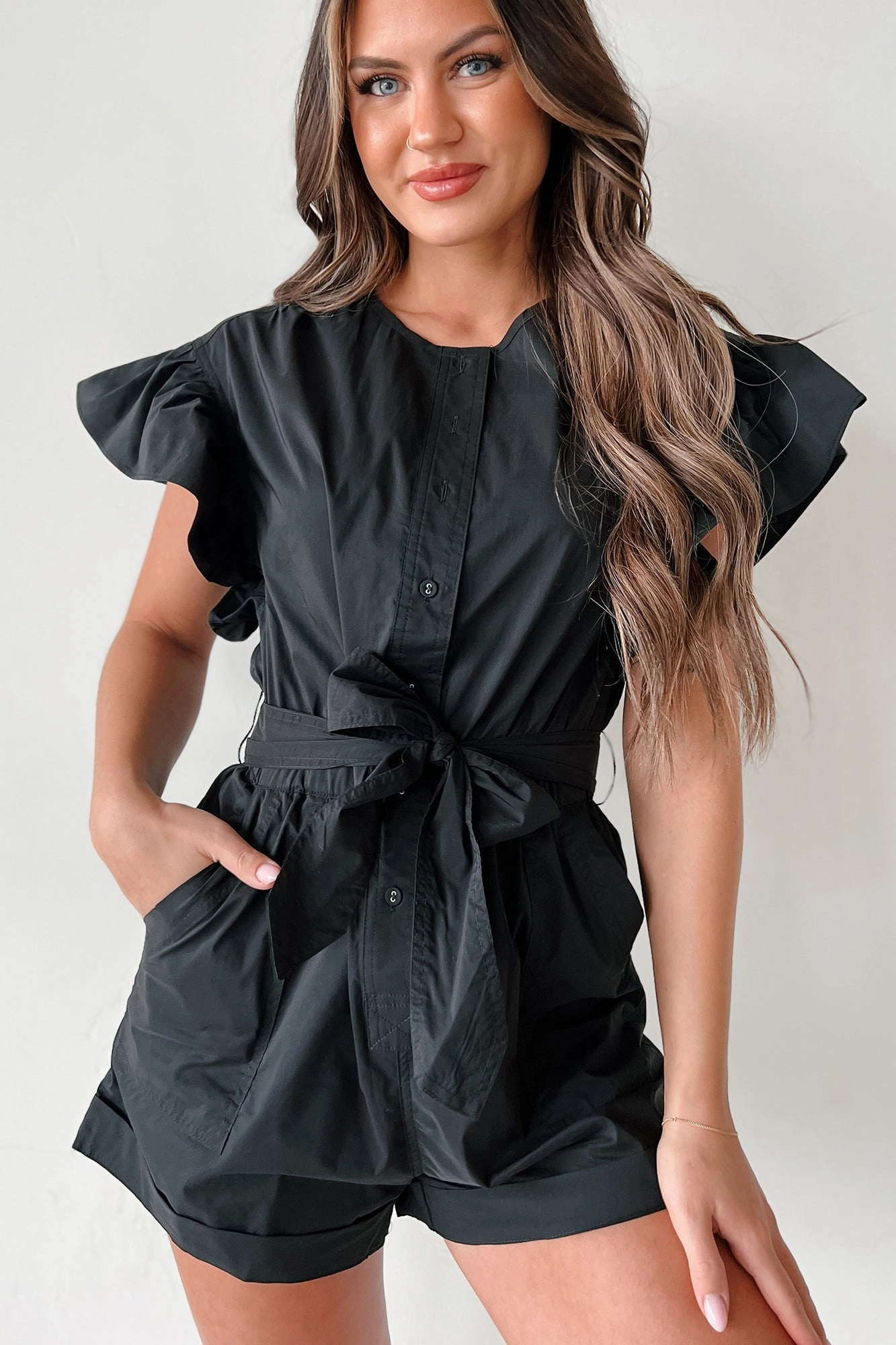 Shula Button-Front Ruffle Sleeve Romper (Black) Natural Relax Loose Picnic