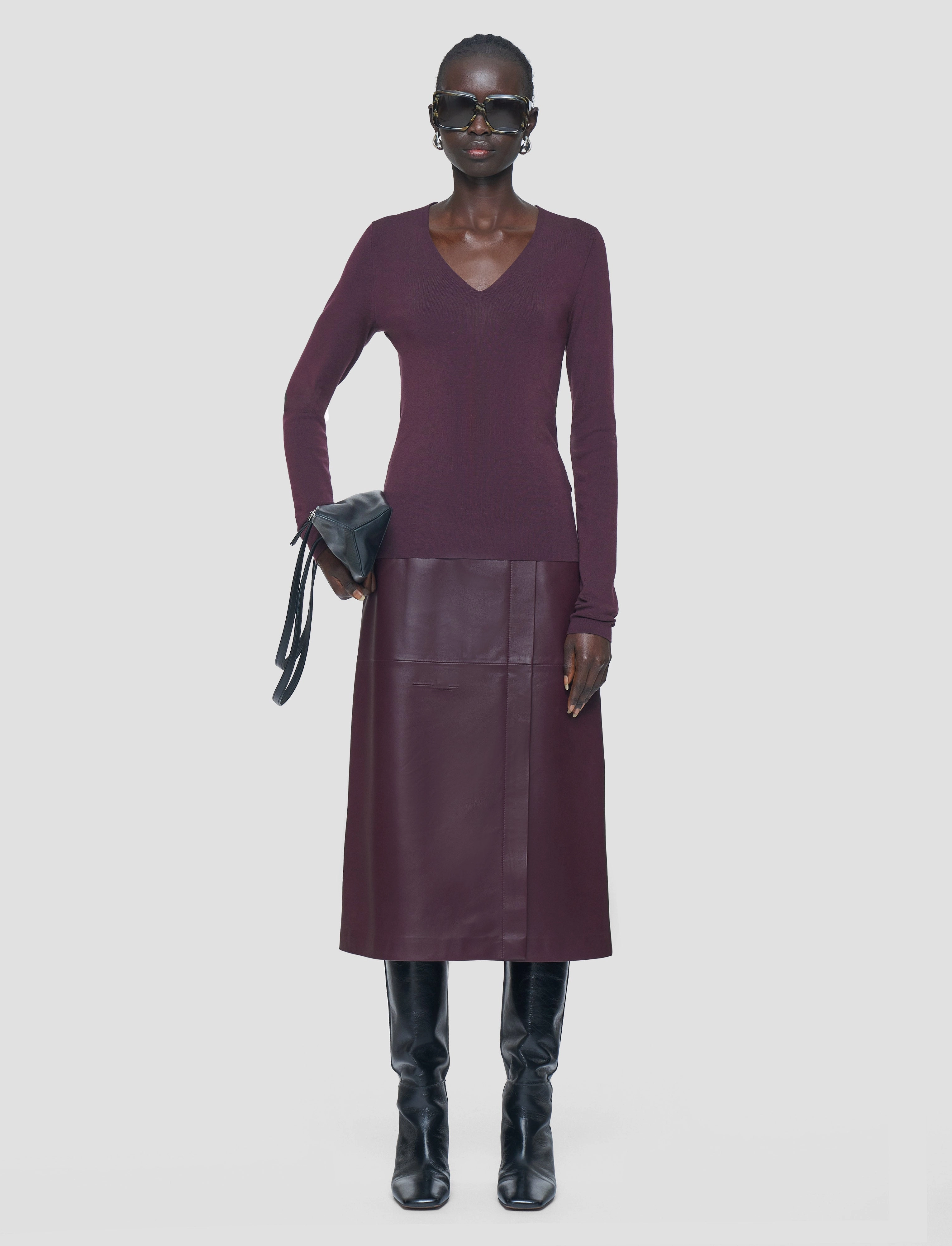 Ribbed Structure Silk Stretch V Neck Top