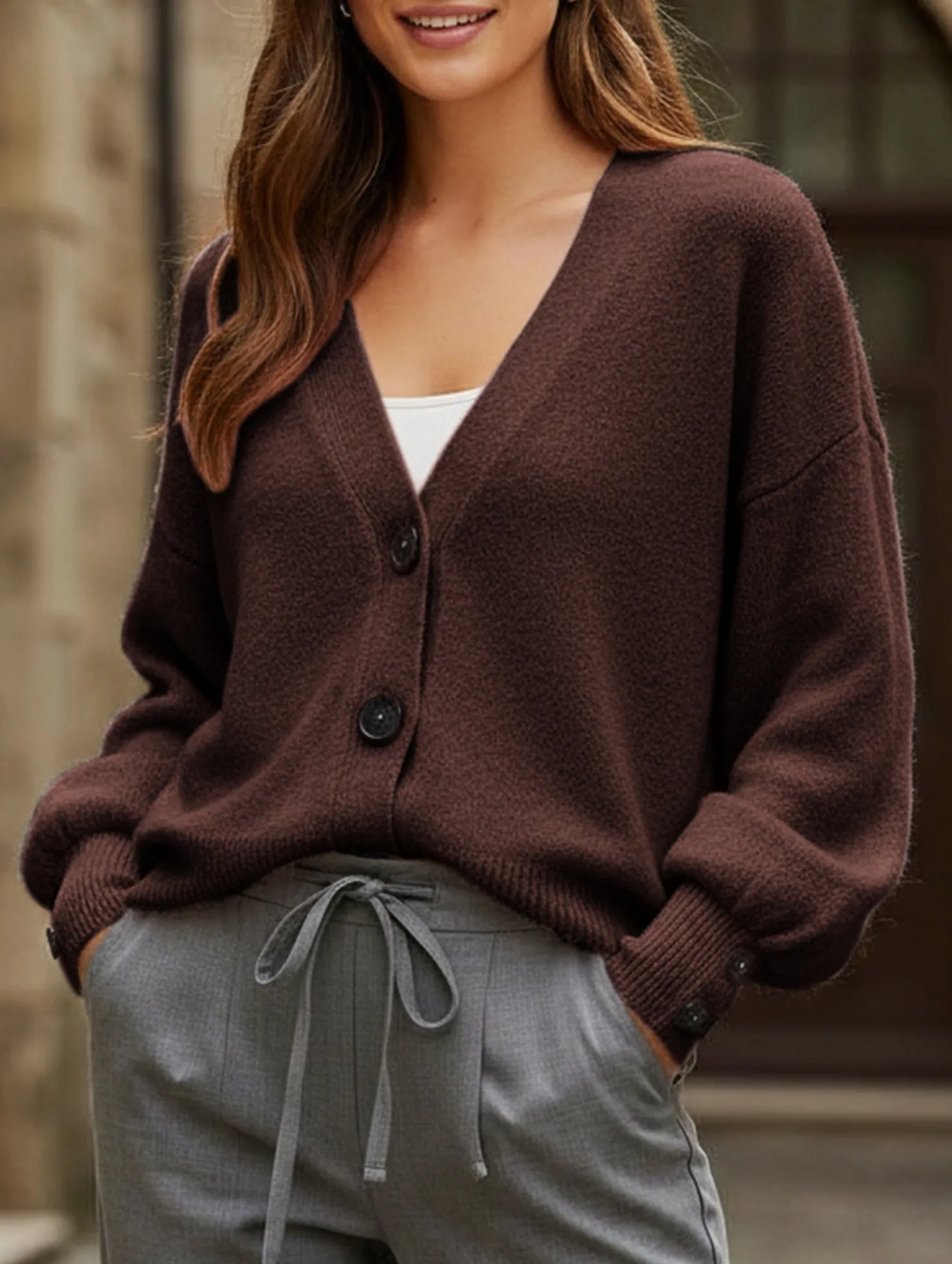 Simple button solid color long-sleeved sweater Lightweight Warmth Core