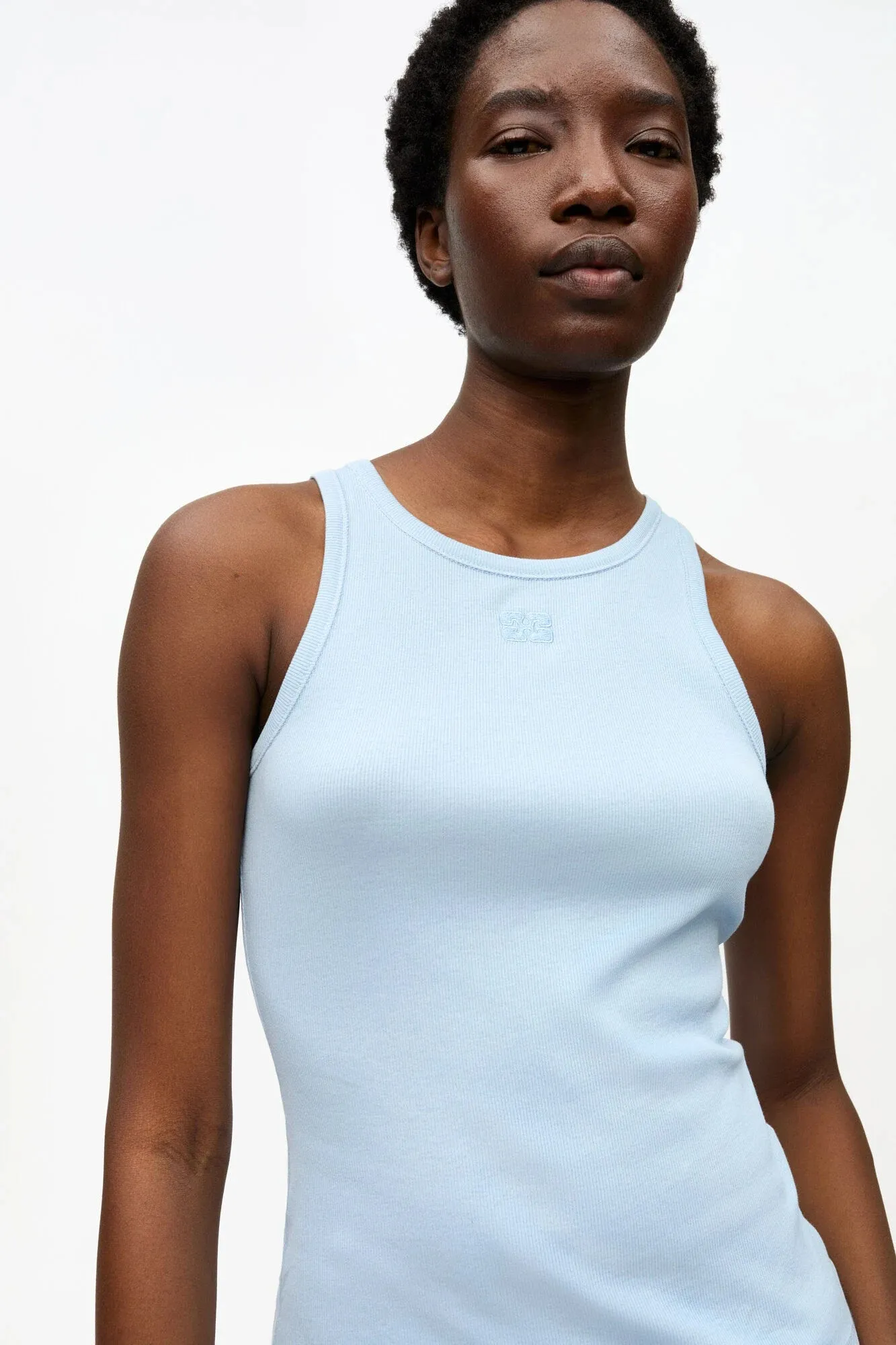 Blue Soft Cotton Rib Tank Top Layering Comfort Wear