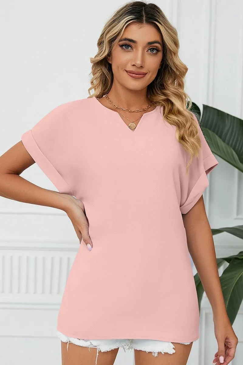 SIMPLE LOOSE FIT ROLL UP SHORT SLEEVE BLOUSE Microfiber Blended Fabric Four Way Stretch