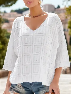 Simple Loose Knit Solid Color Pullover V-Neck Top ??Comfortable Acrylic Sweater for All Seasons NonChafe Lining Reinforced Shoulders