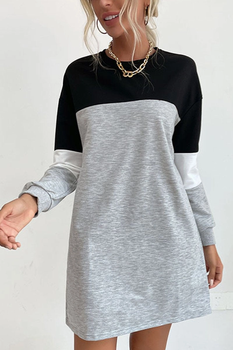 Bold Fashion WOMEN LONG SLEEVE COLOR BLOCK COZY SHOR DRESS