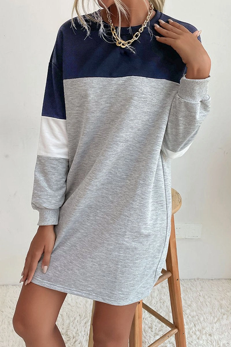 Lightweight Wear All-Day Wear WOMEN LONG SLEEVE COLOR BLOCK COZY SHOR DRESS