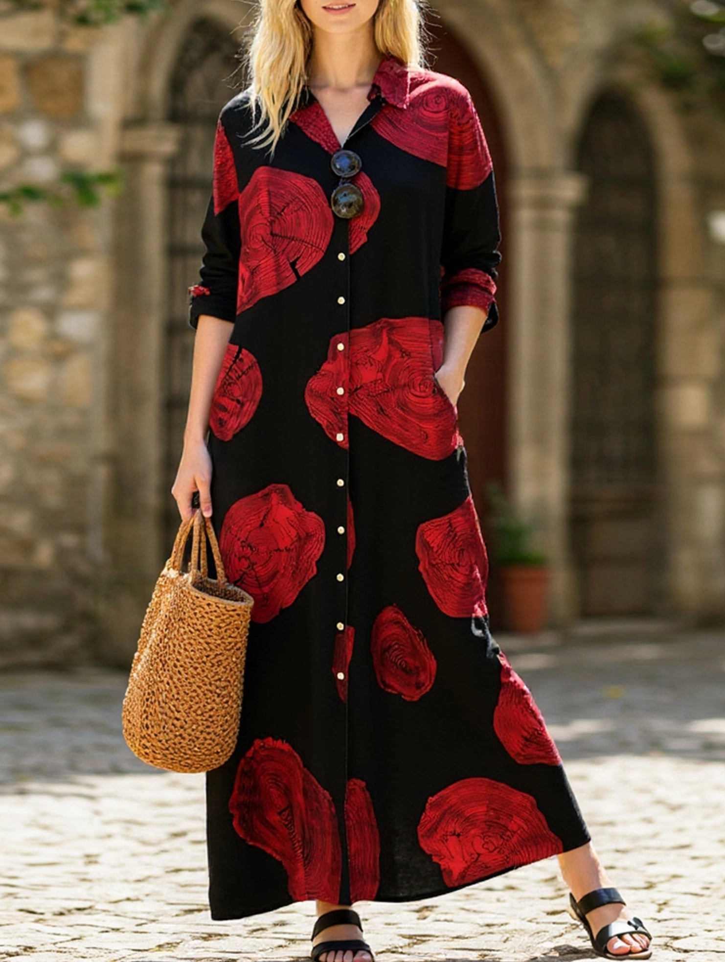 Buckle-Detail ComfortFitDesign Simple loose casual long shirt dress