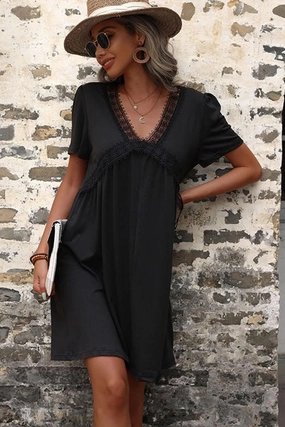 Comfortable Style Classic Edge LACE POINT V NECK FLARE PUFF DRESS