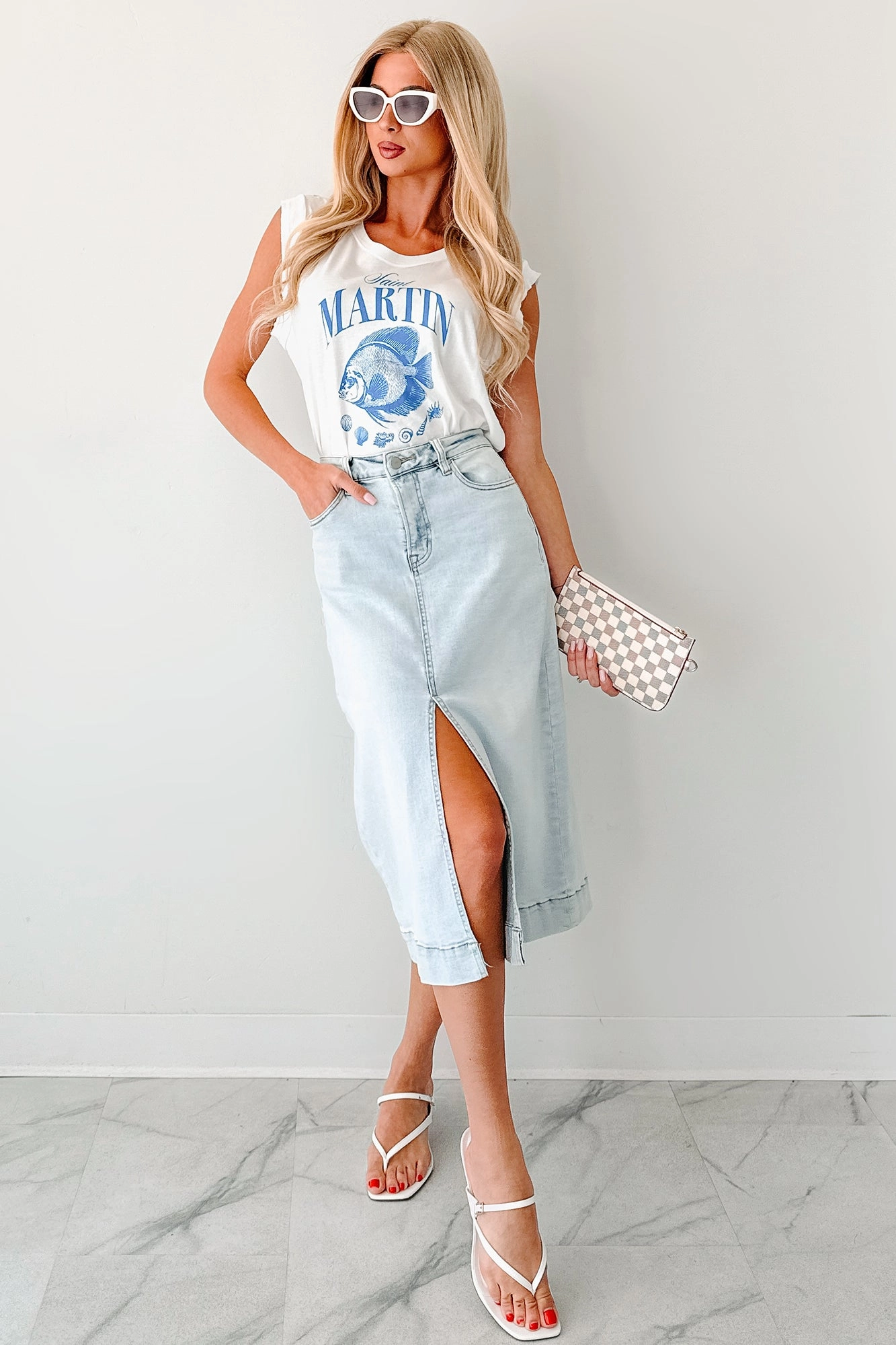 Standard Piece Tailored Cut Skirtin' Around High Rise Denim Midi Skirt (Light)