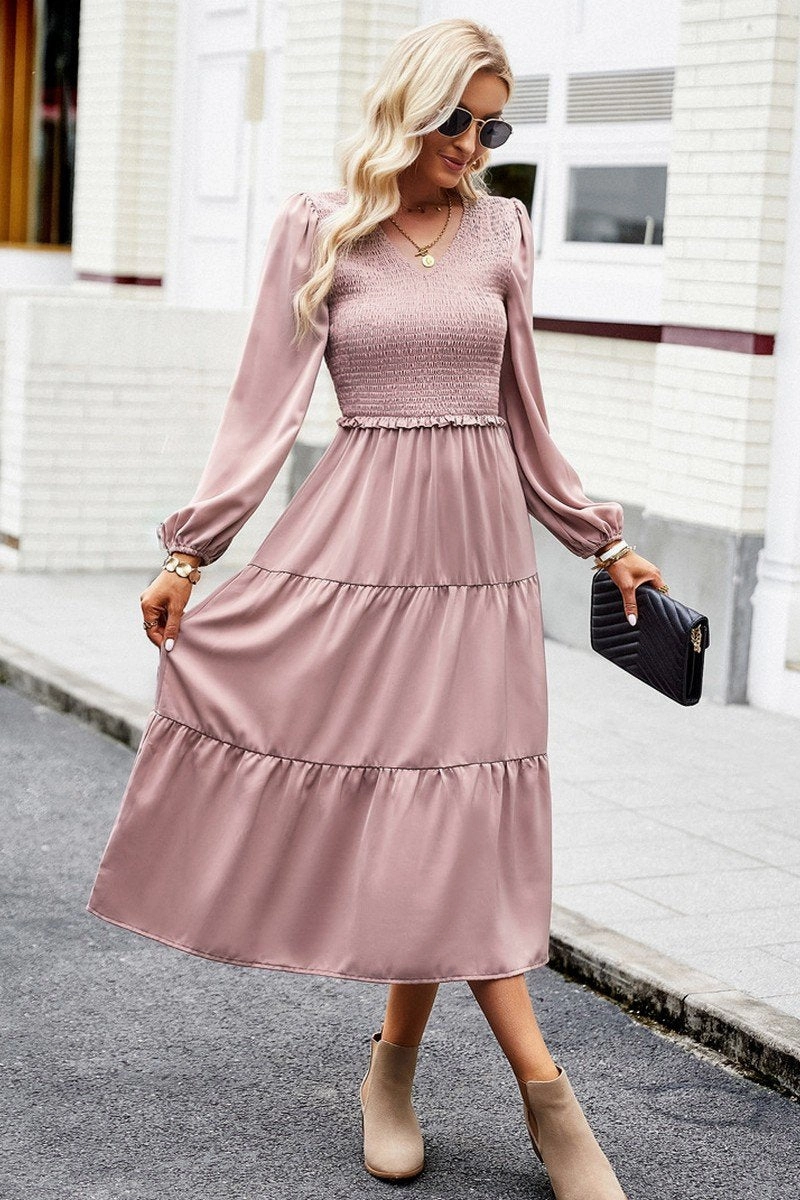 Trend Smart Vacation Vibes WOMEN SMOCKED LONG SLEEVE TIERED CAKE FLOWY DRESS