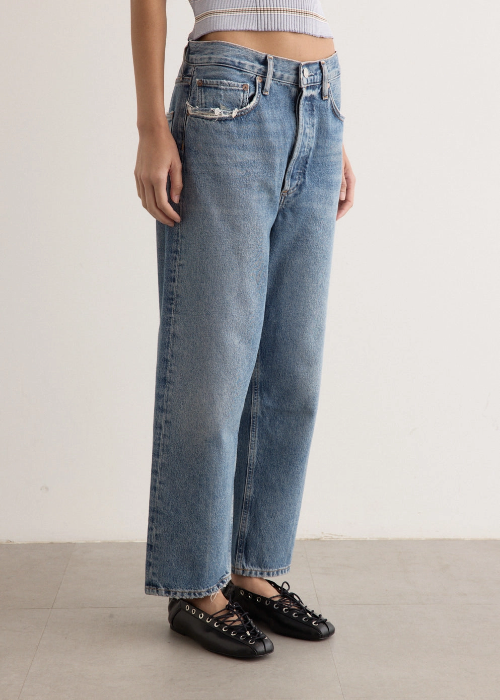 90's Crop Mid Rise Loose Straight Jeans Light Touch Casual Movement