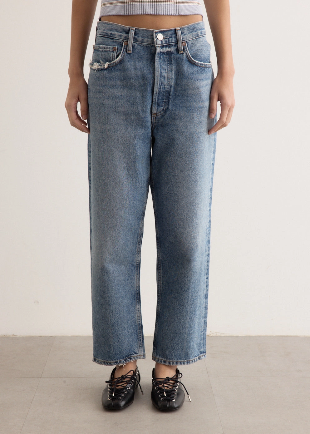 90's Crop Mid Rise Loose Straight Jeans Quick Drying Fabric Work Outfit