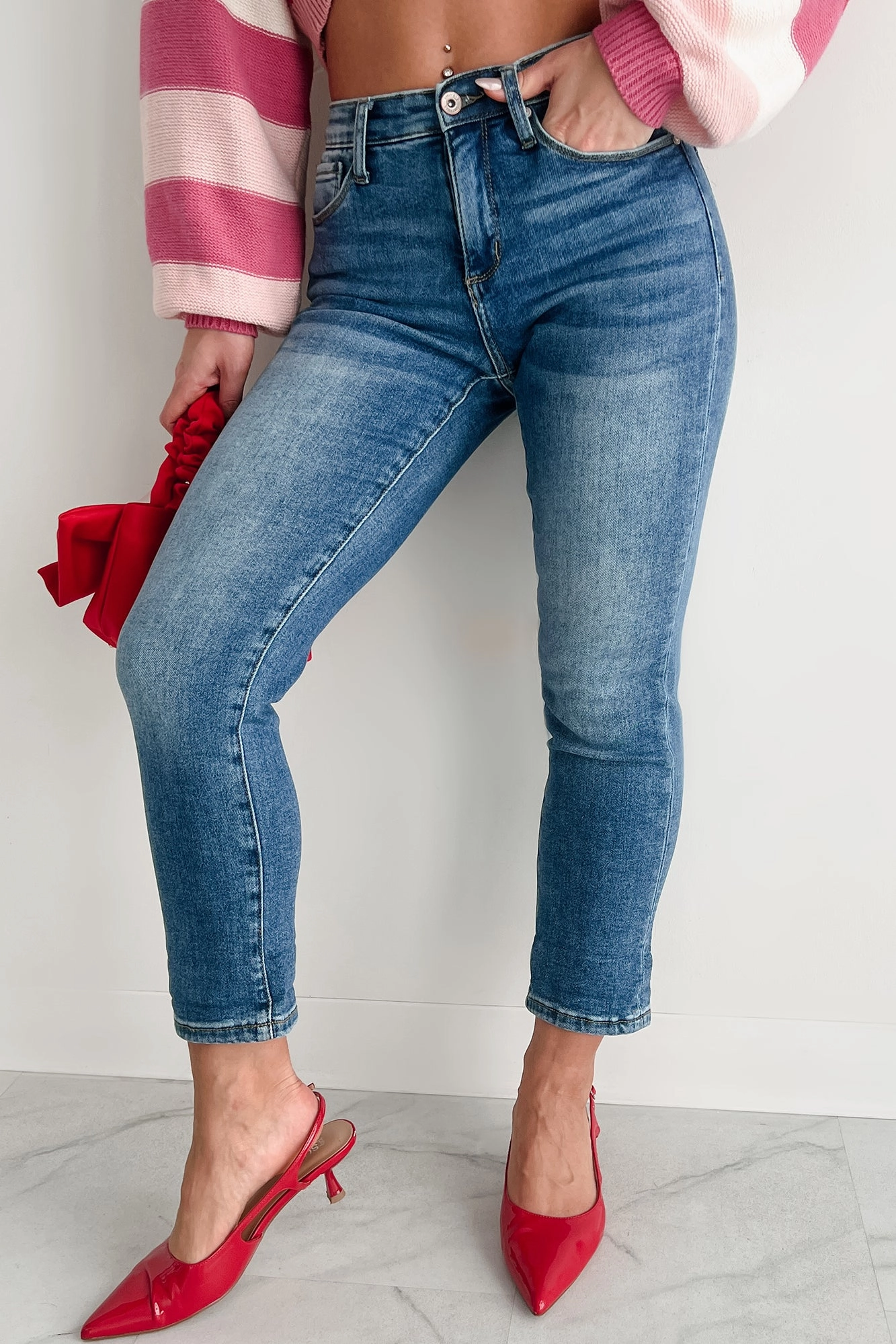 Basic Necessity Ashley Mid Rise Tummy Control Special A Slim Boyfriend Jeans (Dark)