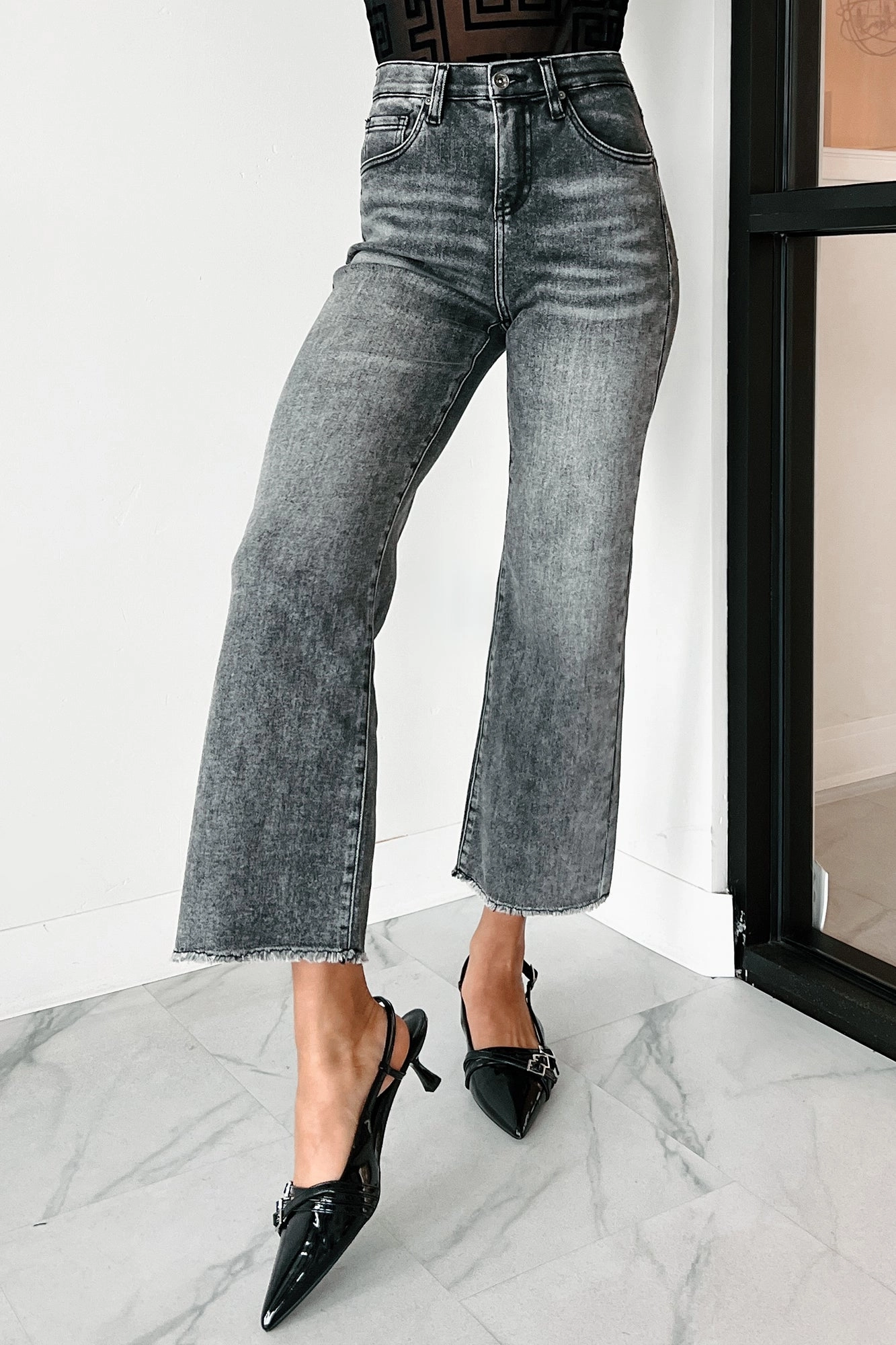 Dirk High Rise Tummy Control Special A Wide Leg Jeans (Black) Active Wear Work Ready Lightweight Textured