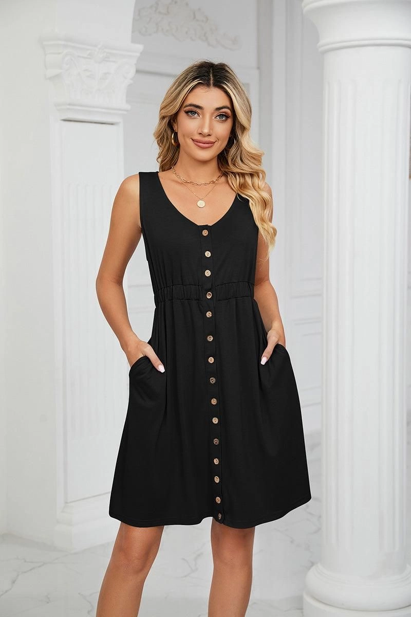 SLEEVELESS BUTTON POCKET SLIM WAIST DRESS Classic structured dress Lounge Feel