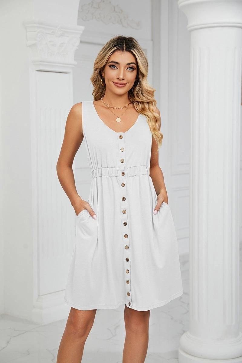 SLEEVELESS BUTTON POCKET SLIM WAIST DRESS Elegant evening wear