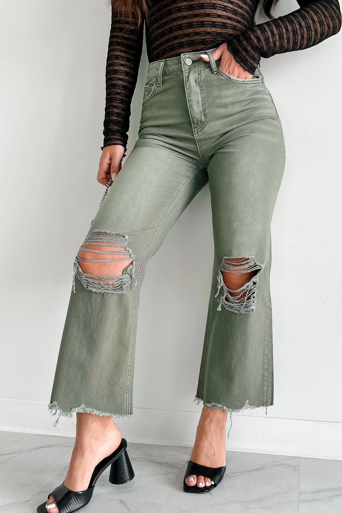 Doyle High Rise 90s Vintage Vervet Crop Flare Jeans (Olive) Family Style Urban Explorer Youth Style