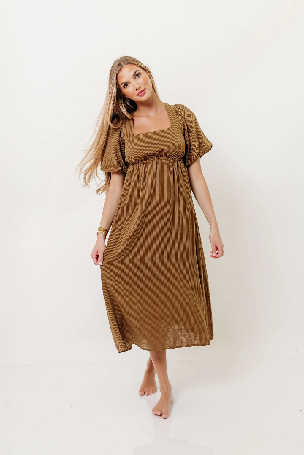 Phoebe Midi Dress in Camel/Cream Fashionable outfit for outings Effortless Elegance