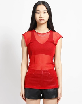 MUSCLE TANK FISHNET RED ButtonlessClosure Fashionable Tank