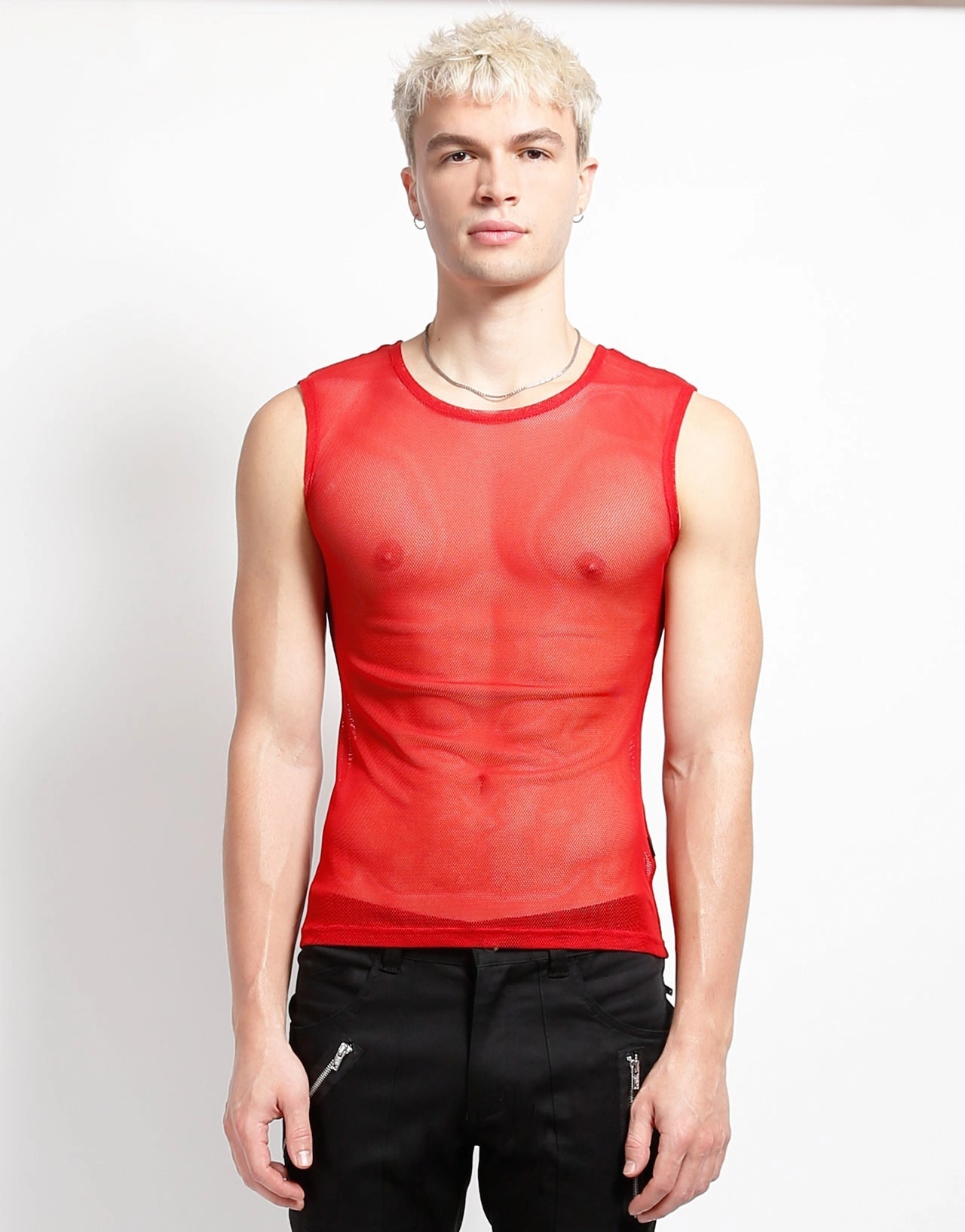 MUSCLE TANK FISHNET RED Contoured Armhole Design