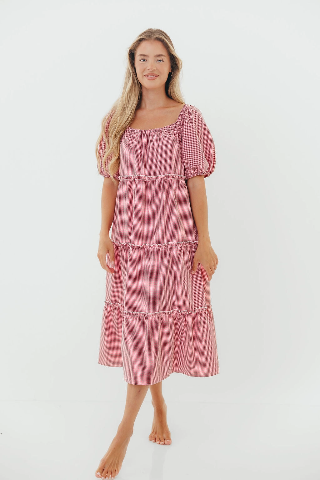 Olive Fresh Nina 100% Cotton Gingham Tiered Midi Dress in Red/White