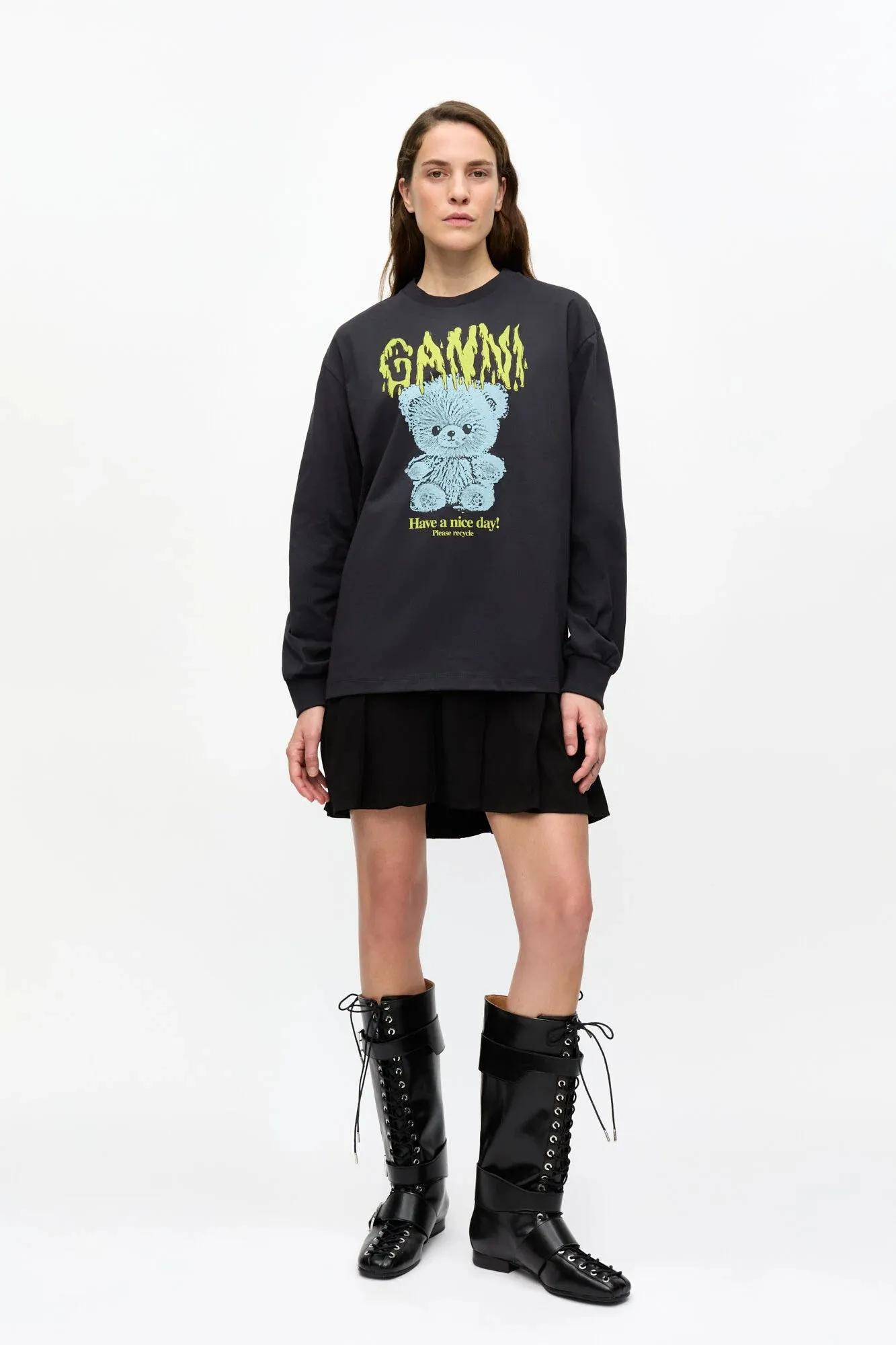 Black Basic Cotton Teddy Long Sleeve T-shirt Relax Style Trend