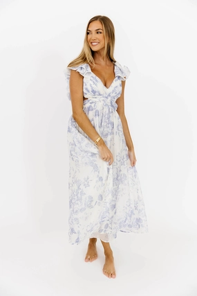 Jillian Floral Midi Dress in Blue *Final-Sale* Midi-Length Fold-Over-Detail