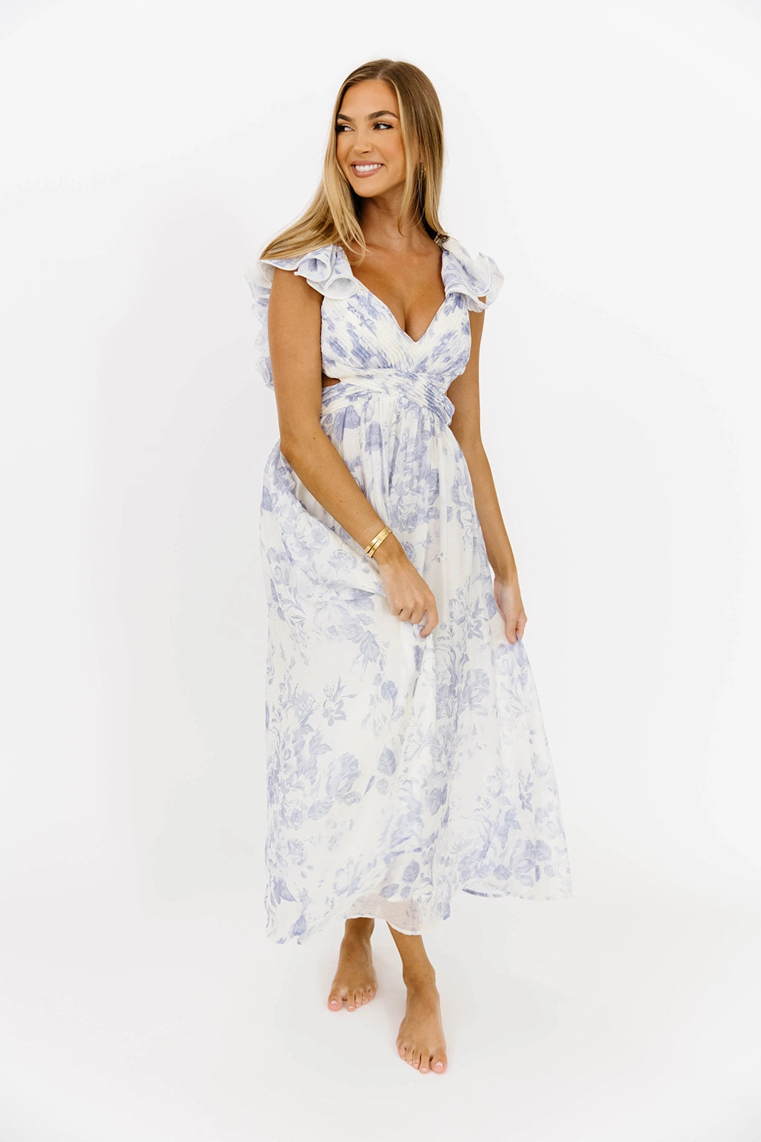 Jillian Floral Midi Dress in Blue *Final-Sale* Midi-Length Fold-Over-Detail